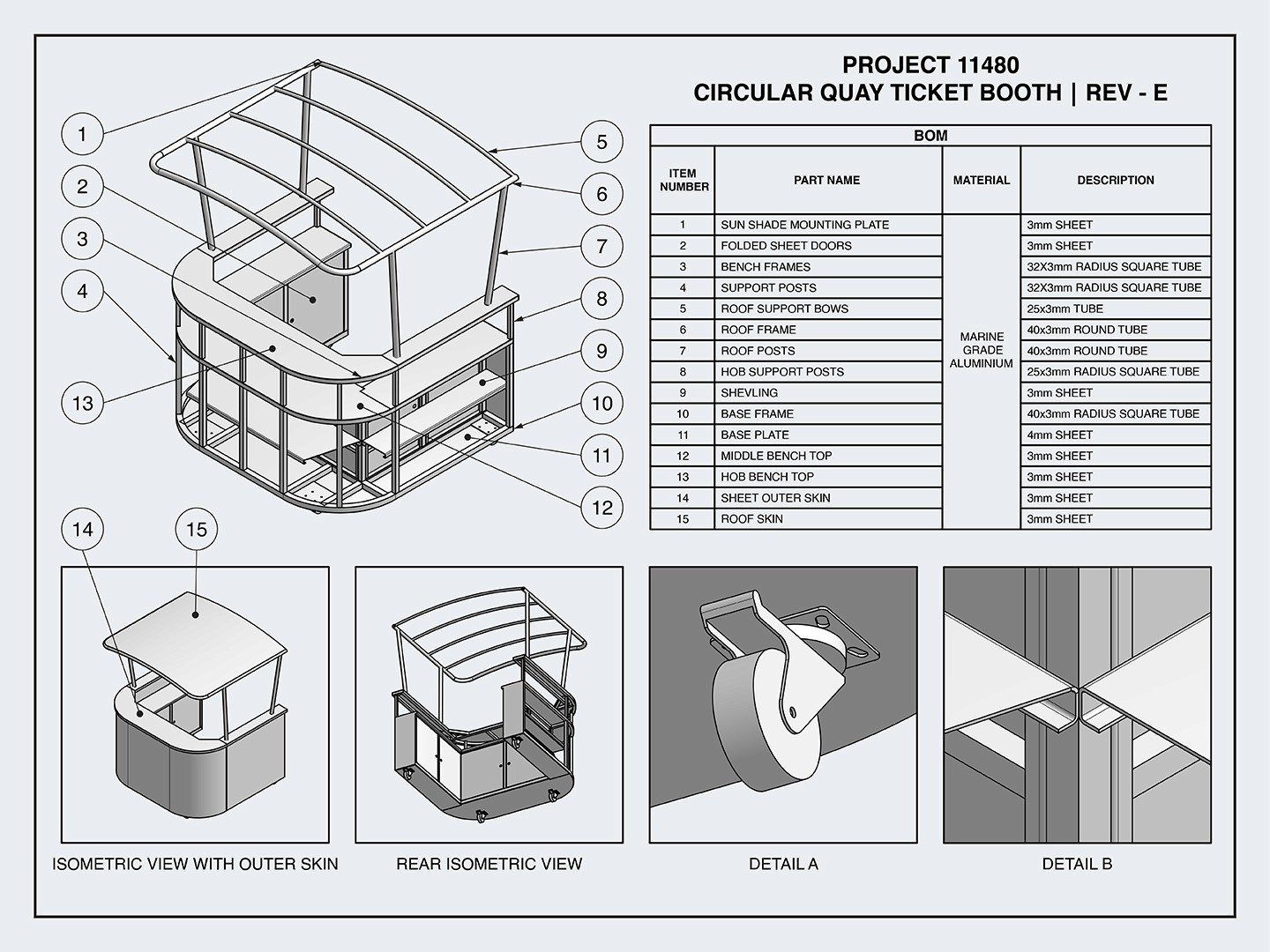 Technical drawing of ticket booth designed for Circular Jet Boats