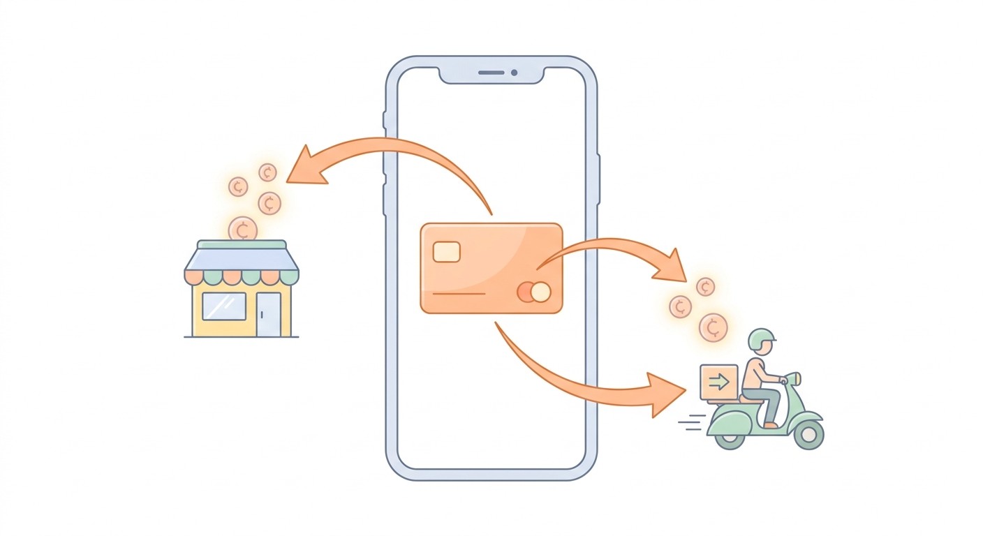 Illustration of a delivery app checkout splitting one card payment between the store and the courier