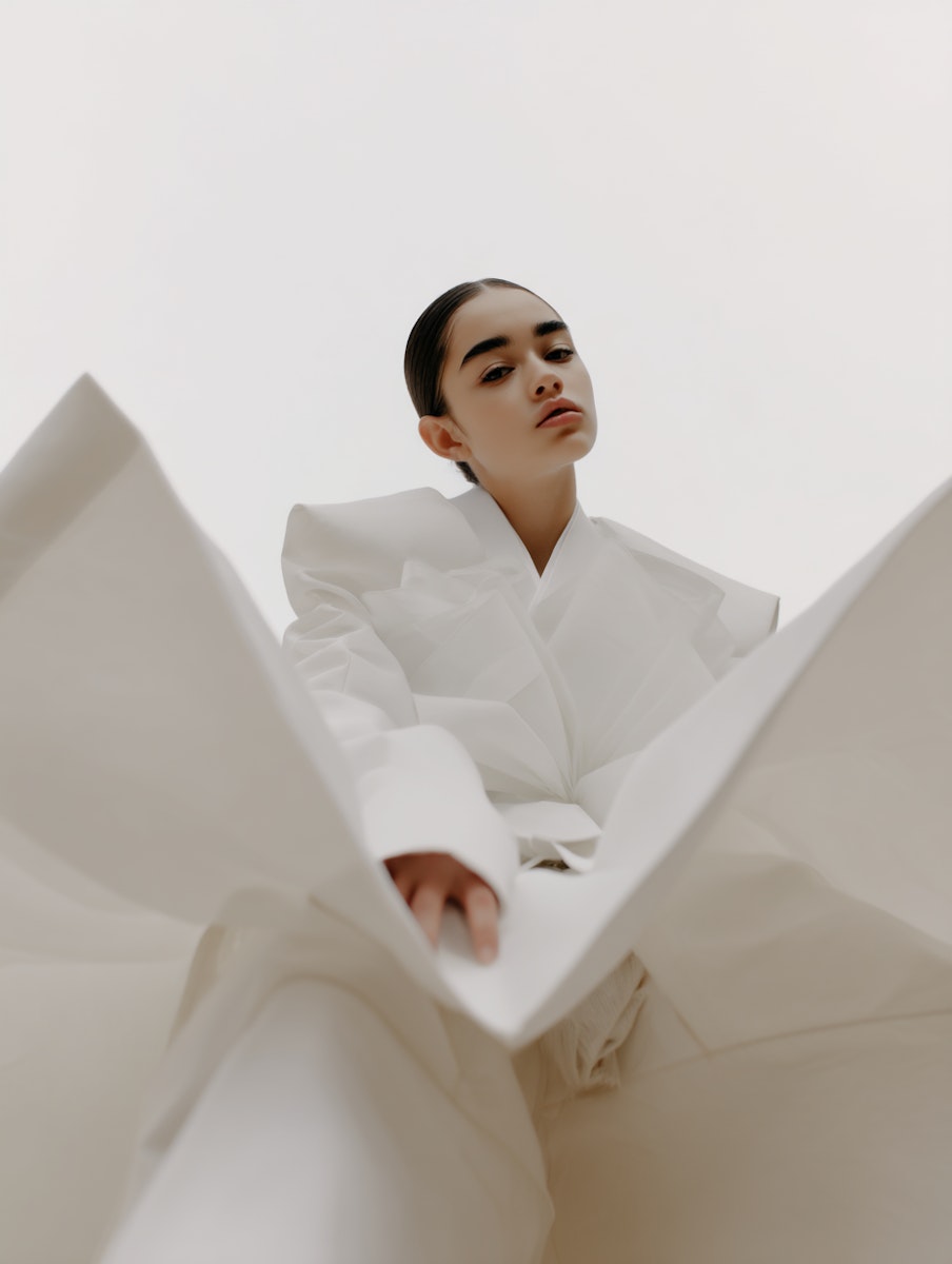 Low-angle shot of a woman in a dramatic white outfit with angular folds, set against a minimalistic background. Bold and avant-garde fashion.