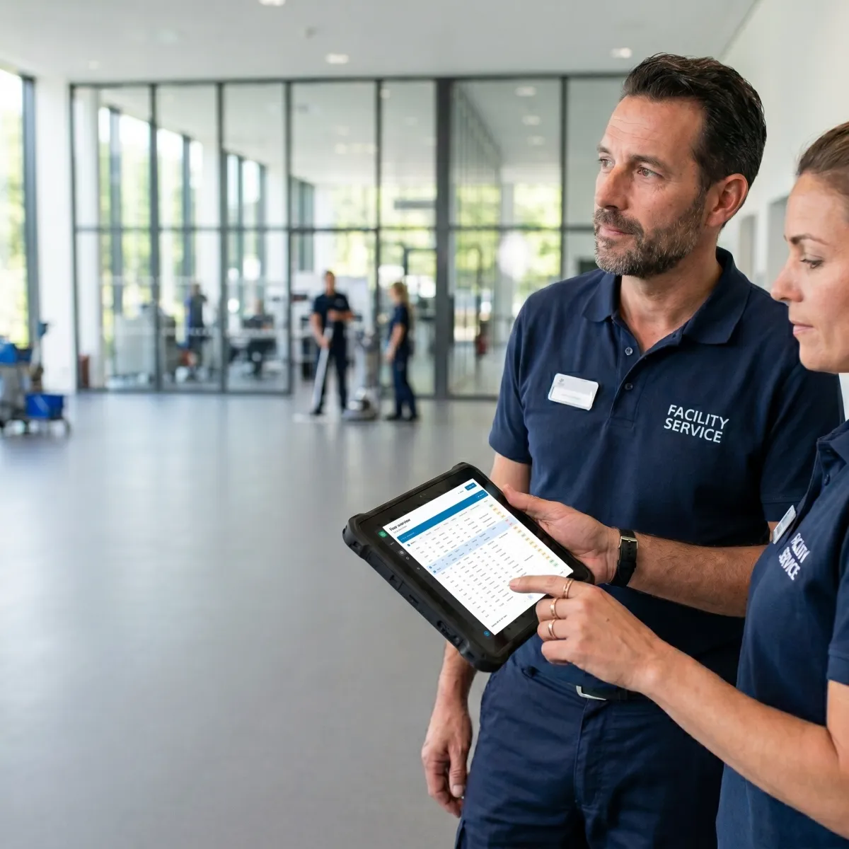 Collega's bekijken het One Go-dashboard in een vergaderruimte