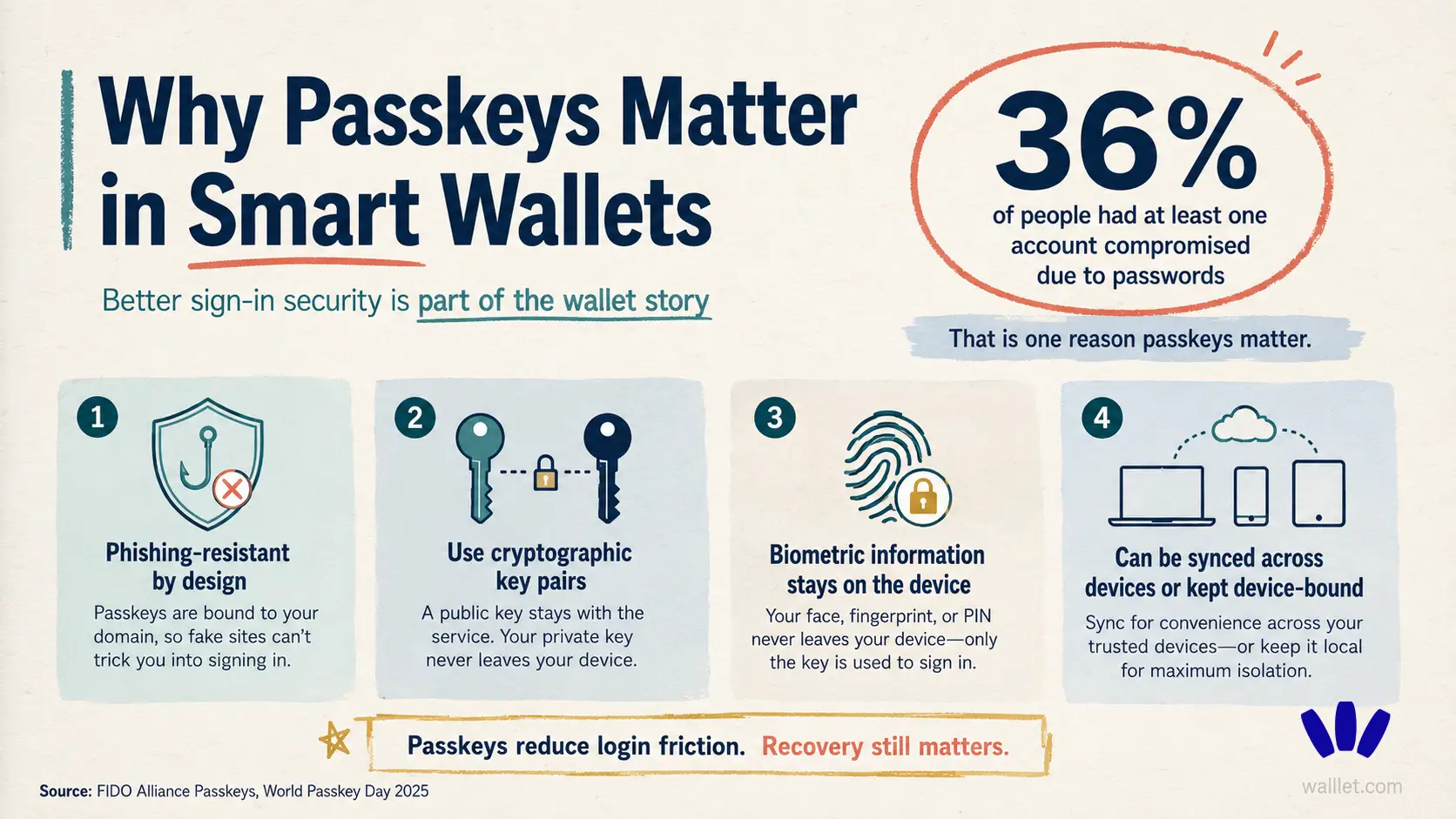 Passkey security infographic for smart wallets showing phishing resistance, cryptographic key pairs, device biometrics, and recovery considerations.