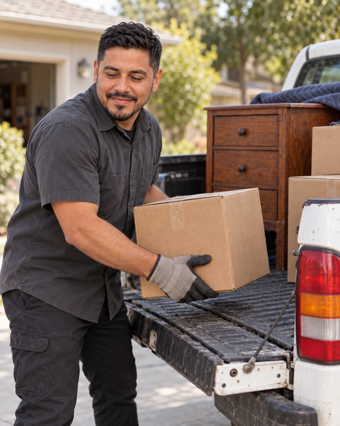 The founder loading furniture and boxes into the company’s first pickup truck.