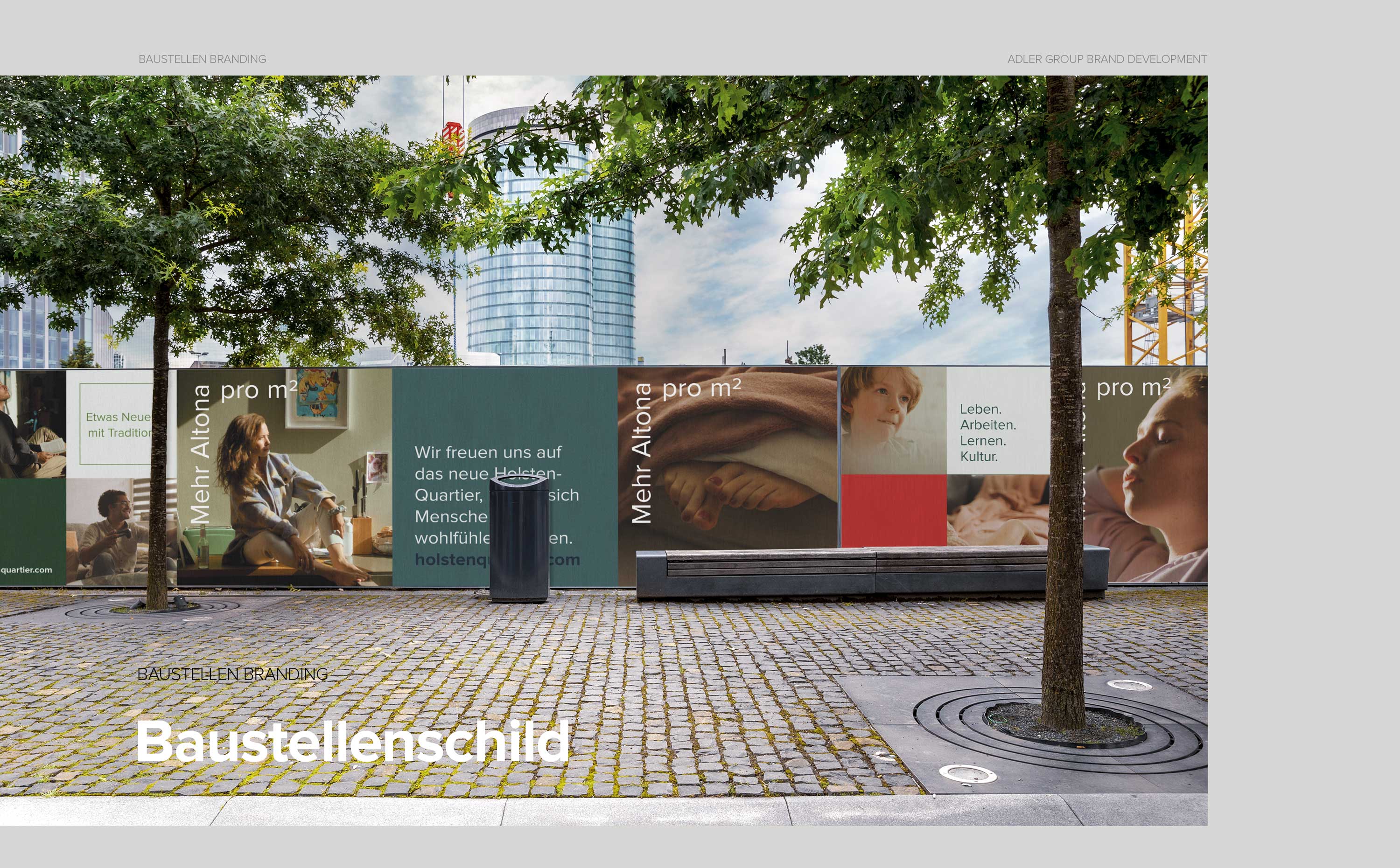 Außenkommunikation der Adler Group – Branding-Elemente im städtischen Raum, umgesetzt in der visuellen Sprache des Corporate Designs.