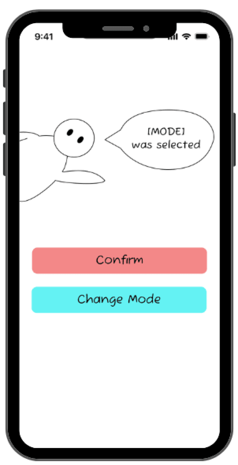 Fidgy stating which mode was selected with options below to confirm or change the mode
