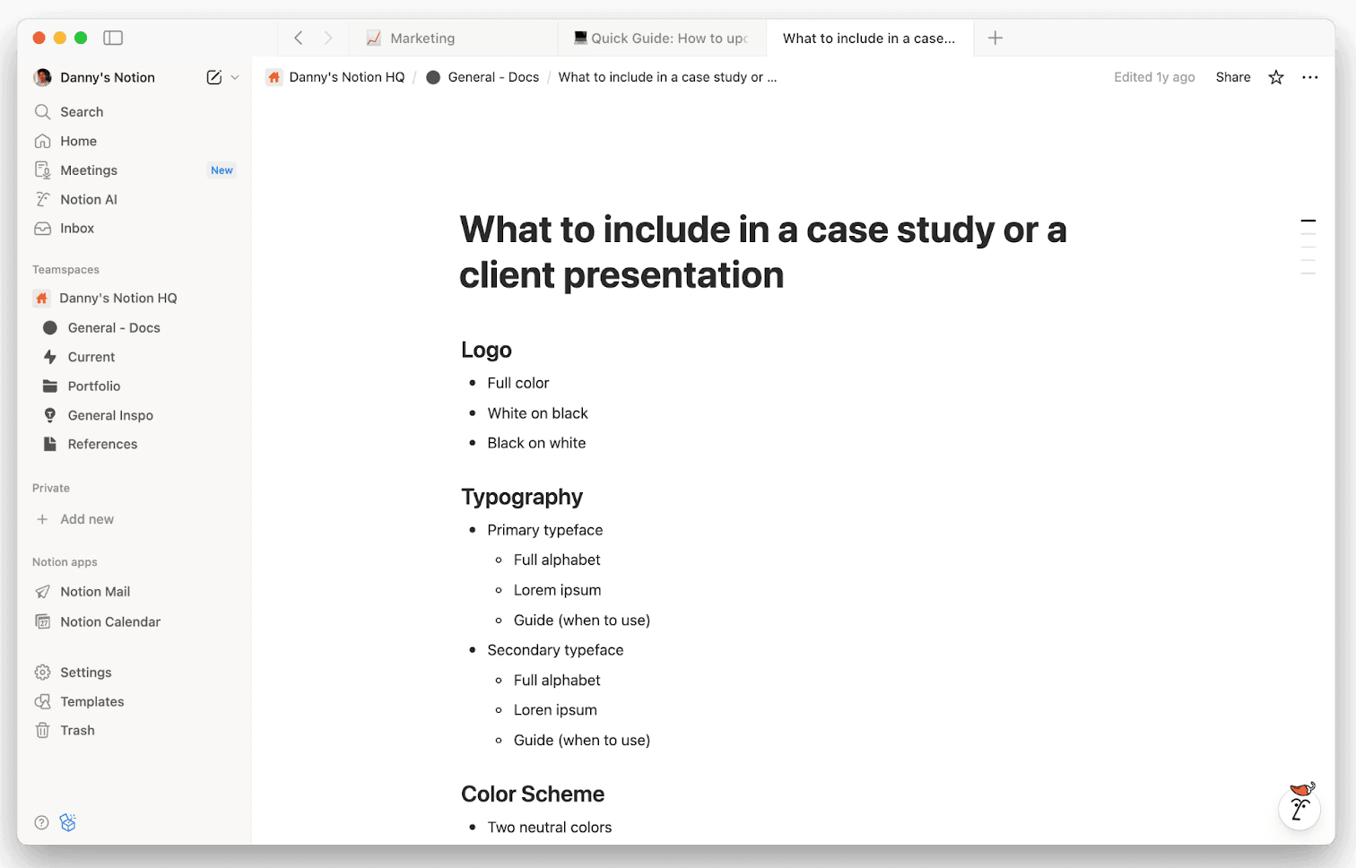 Screenshot of a Notion document titled “What to include in a case study or a client presentation,” with sections for logo, typography, and color scheme displayed in a clean workspace.