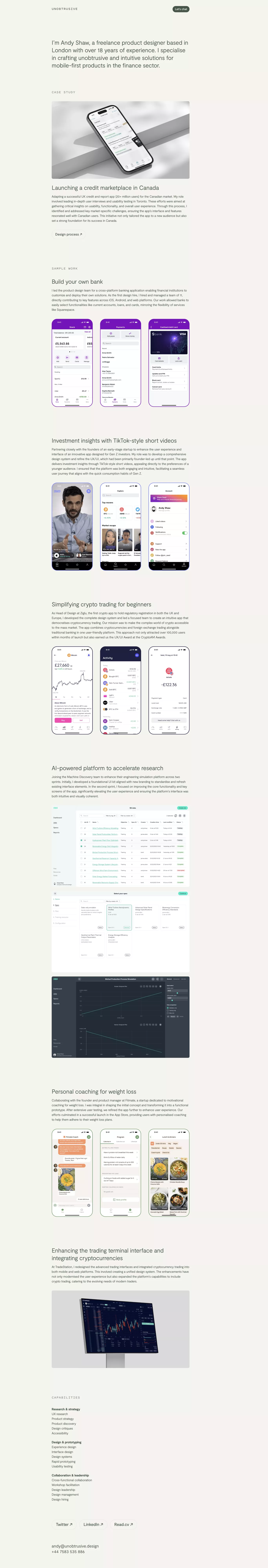 Unobtrusive portfolio page screenshot showcasing Design design
