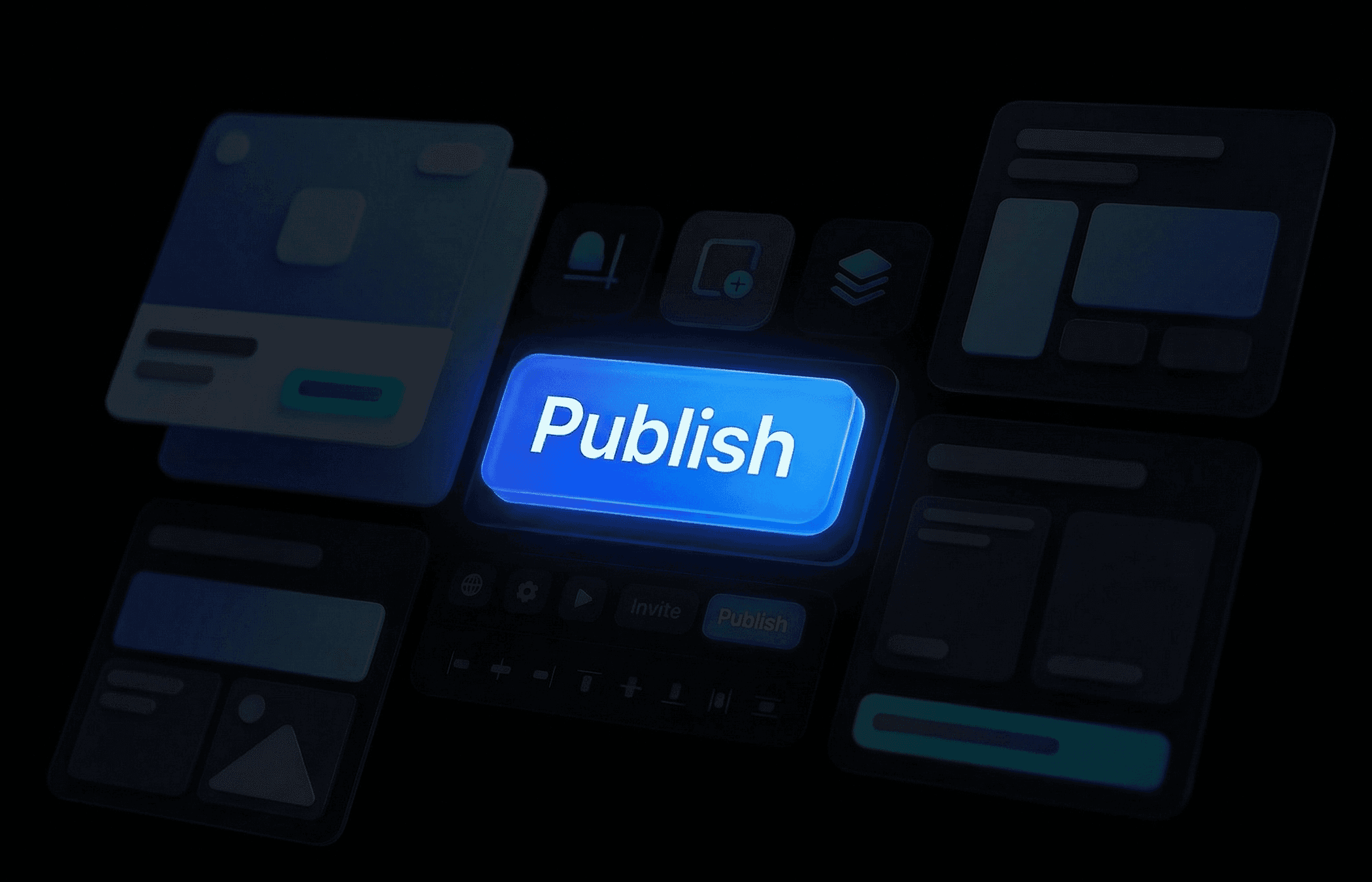 Glowing blue "Publish" button surrounded by dark UI cards and elements.