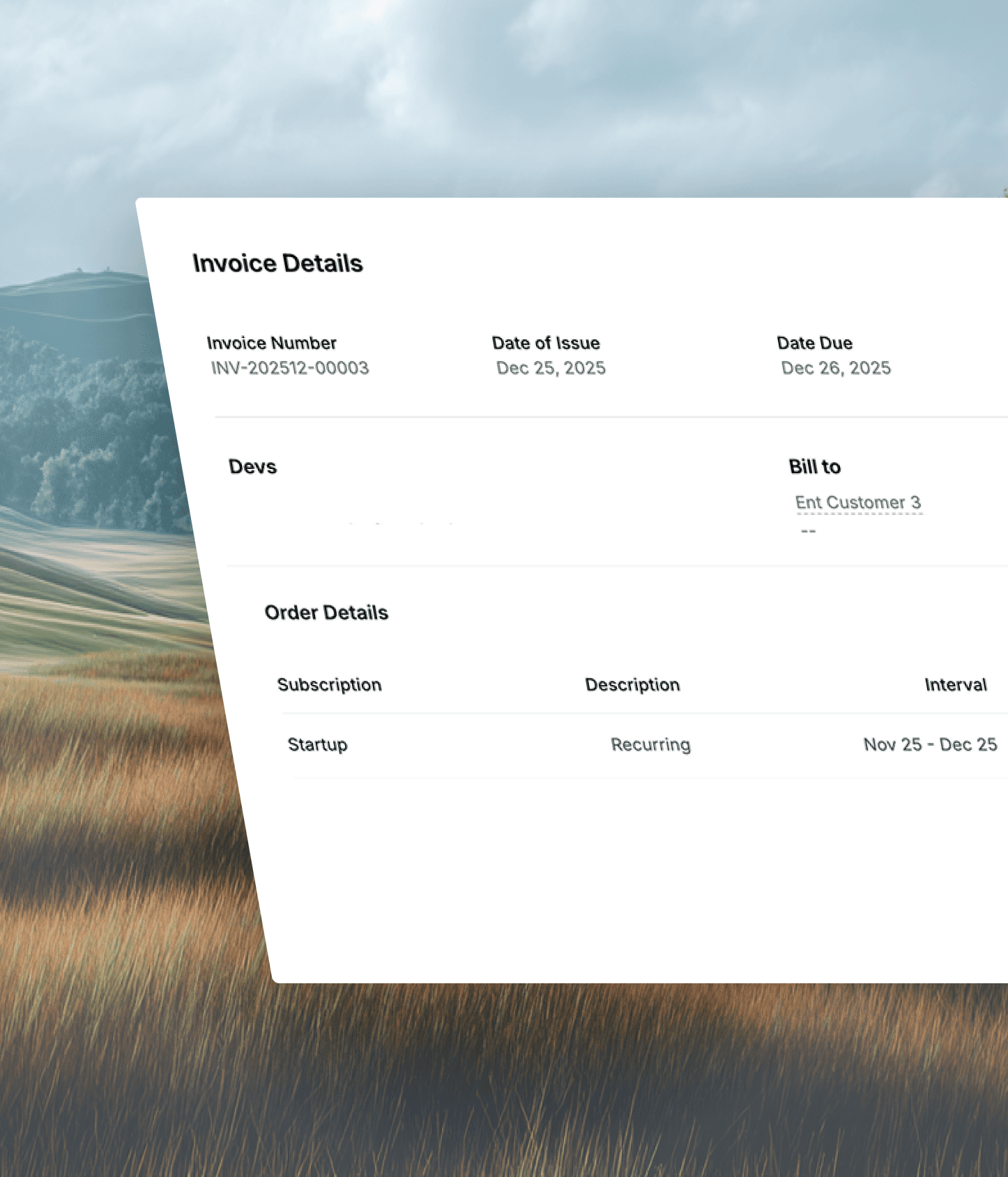 SaaS invoicing dashboard with verified usage-based billing details.