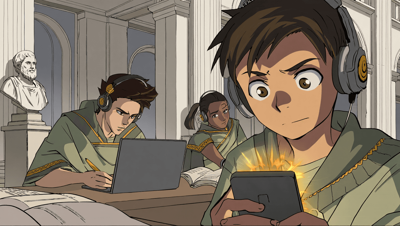 Happy students studying with laptops and books