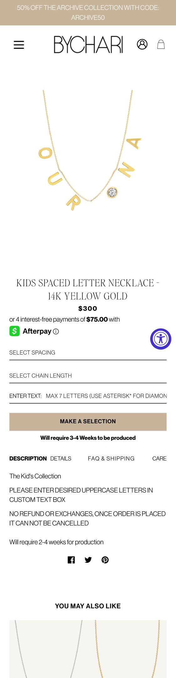 Jewelry product options include: necklace for KIDS Spaced Letter Necklace - 14k Yellow Gold from BYCHARI.