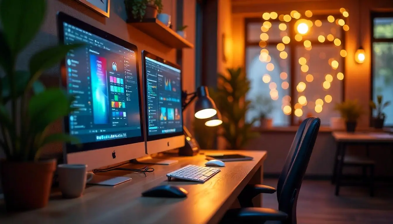 A cozy workspace with dual monitors, plants, and ambient lighting, perfect for creative projects in a well-lit Racool Studio