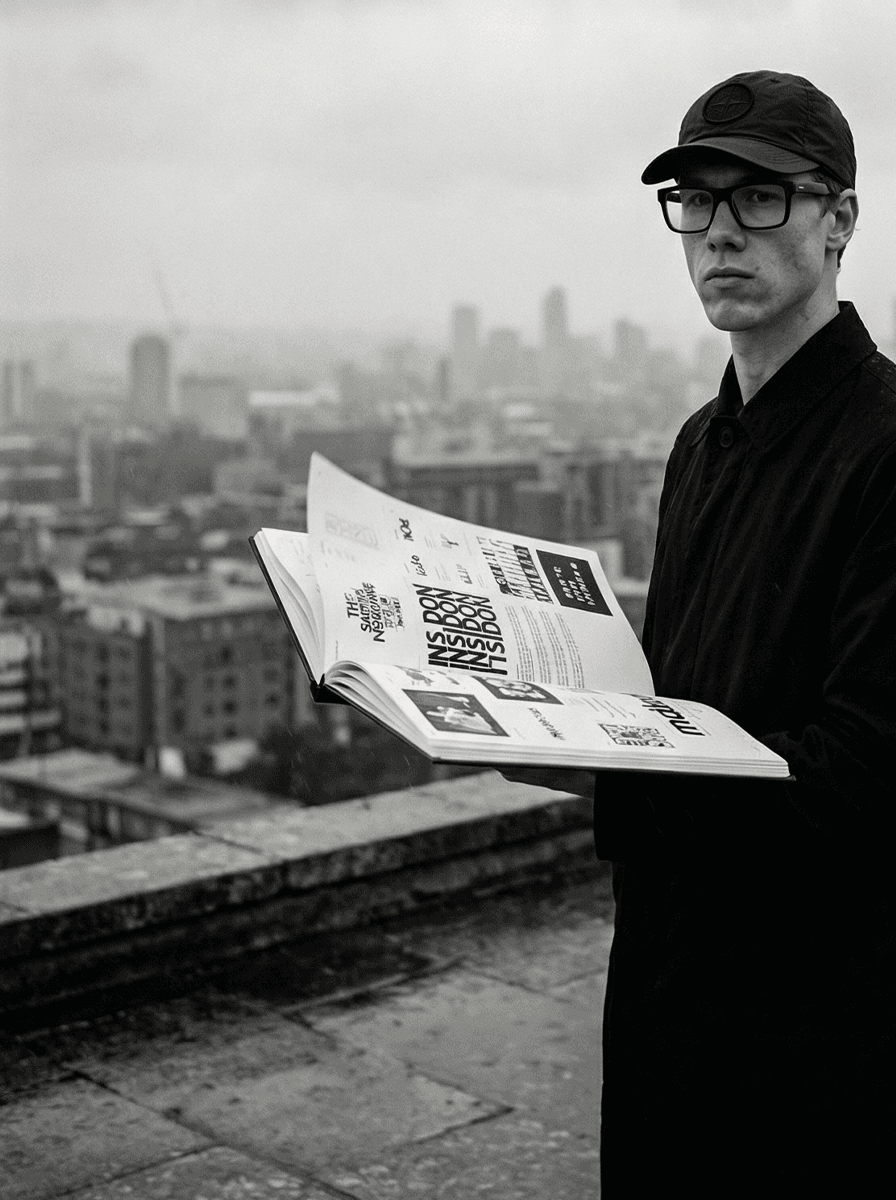 Black and white urban portrait of a man holding a newspaper overlooking the city skyline.