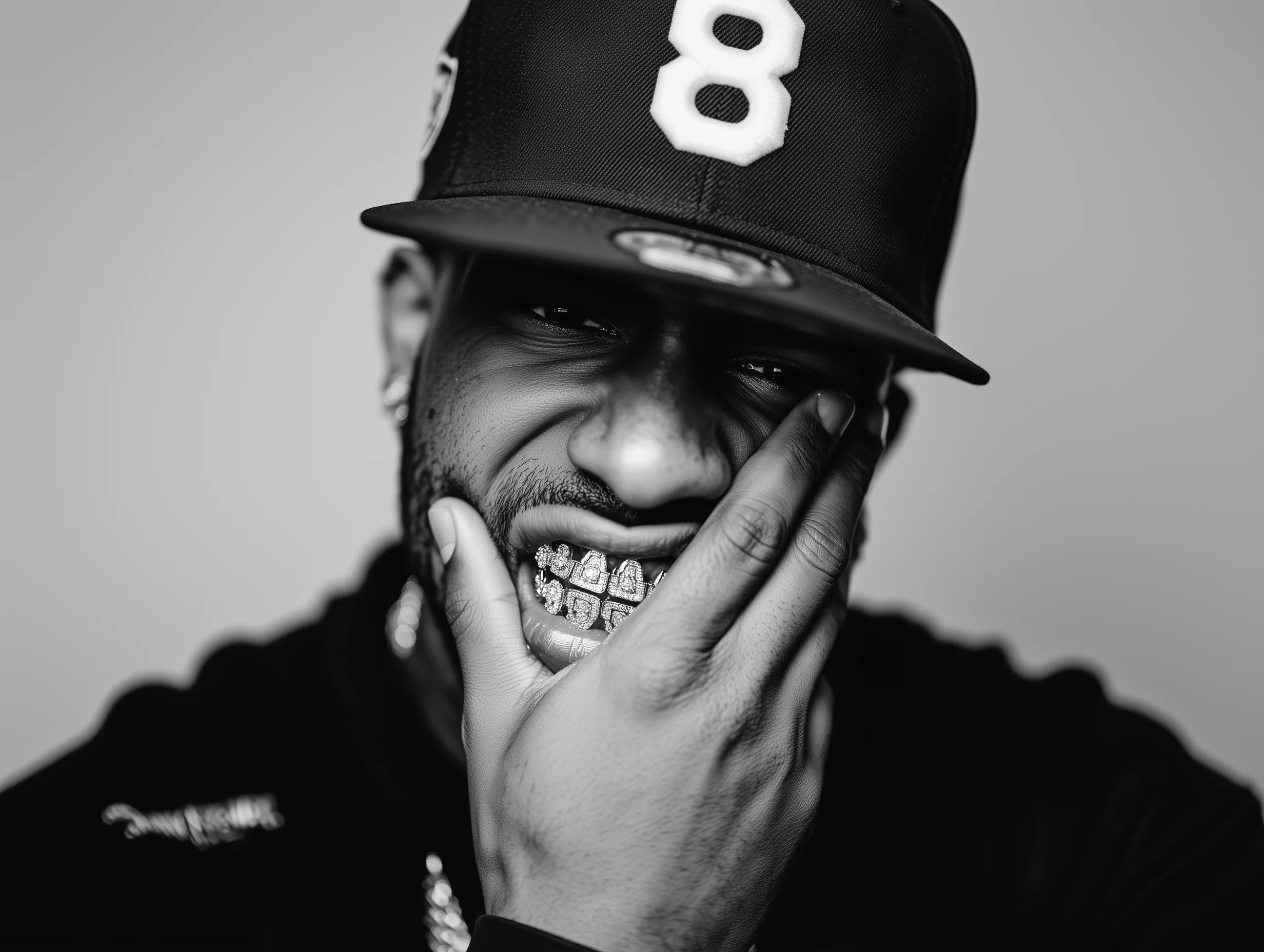 Black and white close-up portrait of London music artist Skayze Daze showing his teeth grill while wearing a cap.