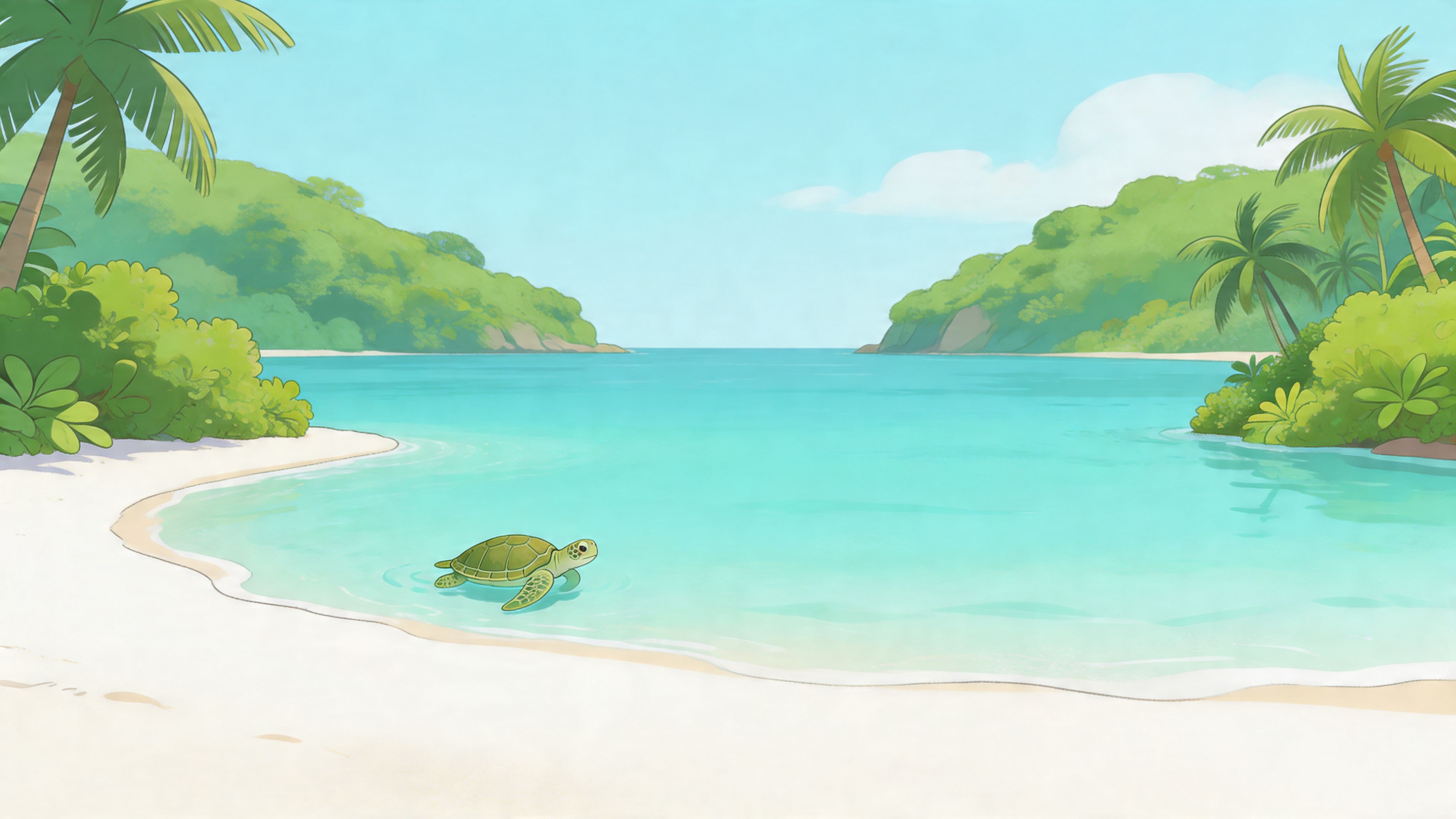 A gentle green sea turtle swims in the shallow turquoise water of a beautiful tropical beach bay.