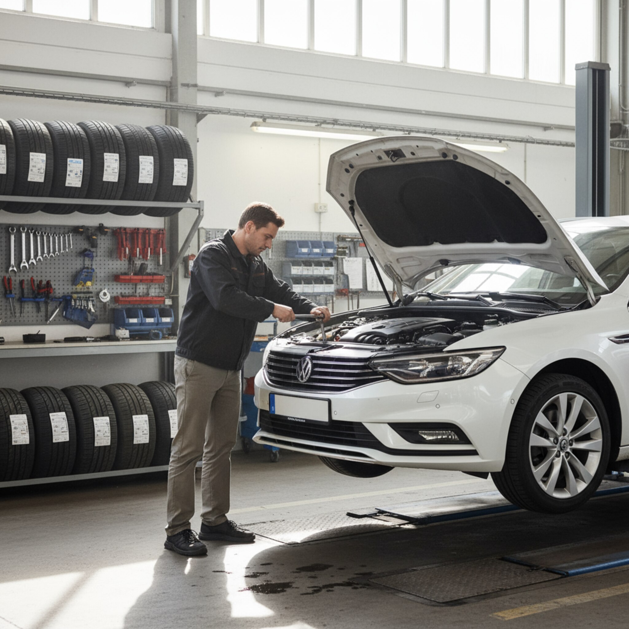 Eine helle Werkstatt, Reifen stehen sauber gestapelt, ein Mechaniker zieht mit ruhiger Hand einen Drehmomentschlüssel an der letzten Schraube fest. Auf der Hebebühne steht ein weißer Kombi, die Haube geöffnet. Staub tanzt im Sonnenstrahl, alles wirkt aufgeräumt und konzentriert.