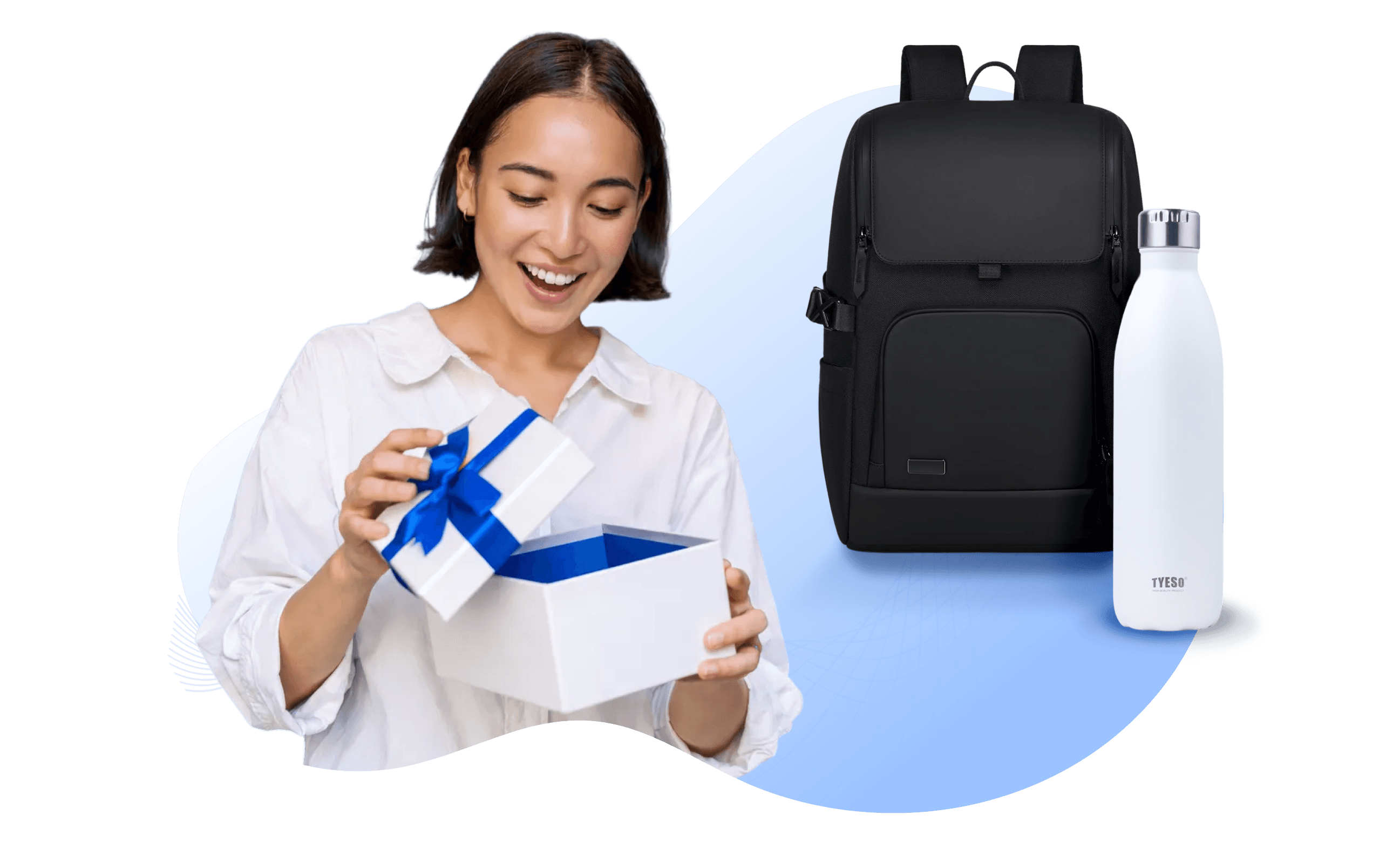 A tumbler, a bag, a hoodie, and a crossbody bag with PerkUp logo on them.