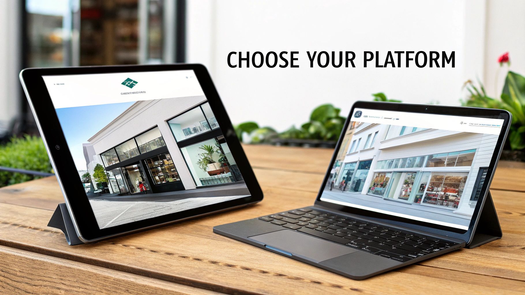 A tablet and a laptop displaying websites on a wooden table, with 'CHOOSE YOUR PLATFORM' text.