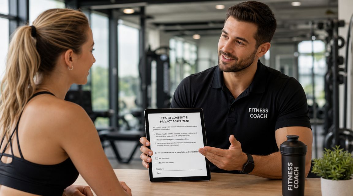 A fitness coach presenting a photo consent and privacy agreement form on a tablet to a female client.