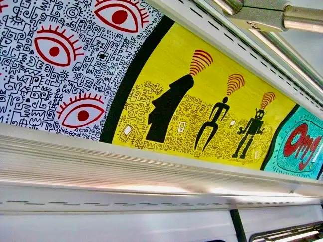 ART ON THE ART BUS deviates somewhat from his formal work, in that he applied contemporary and familiar symbols to express the humorous side of our social and personal issues that bus passengers might recognize. Arlington county bus service 