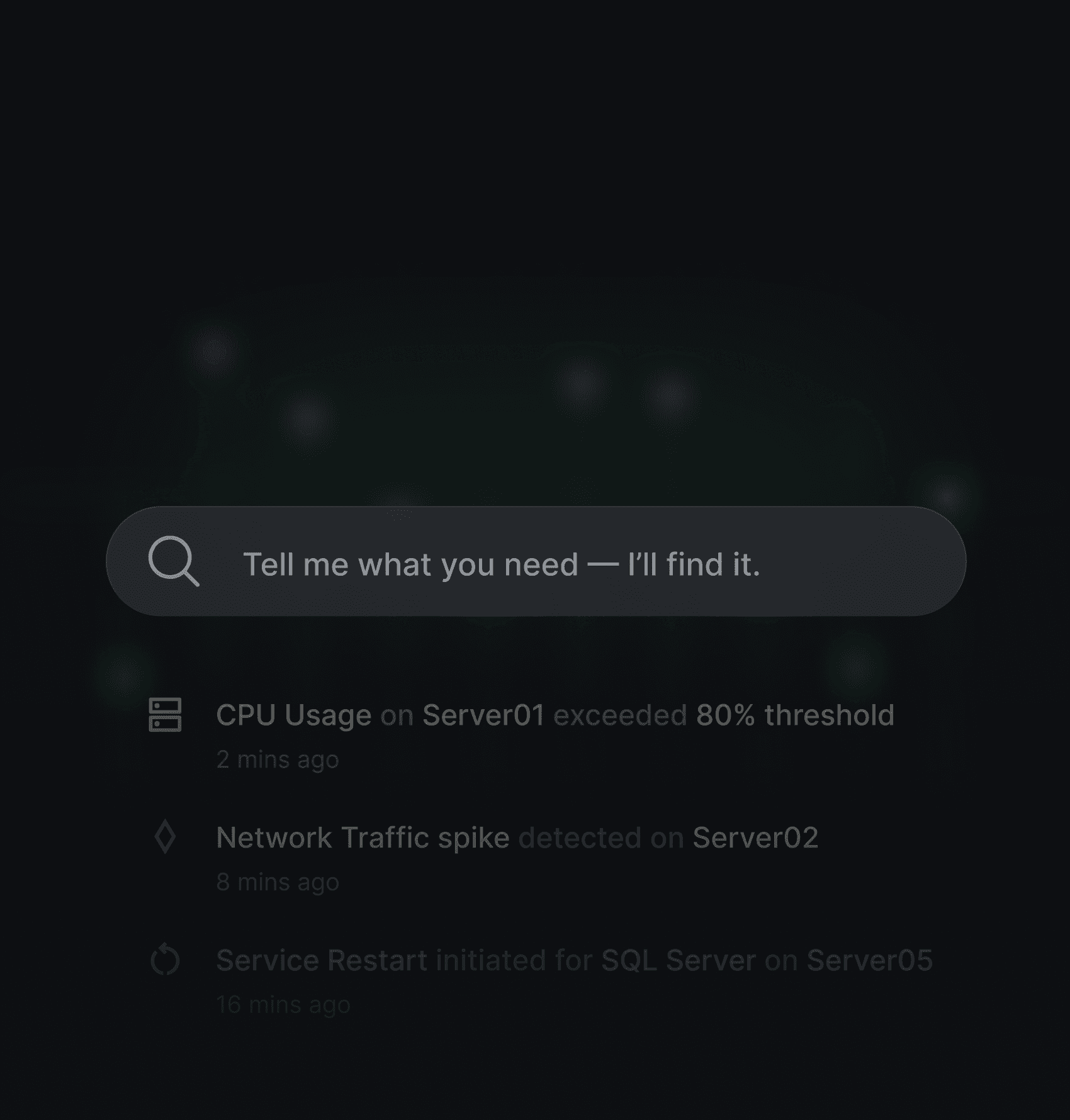 Minimalist search input with AI prompt suggestion: 'Tell me what you need — I’ll find it.