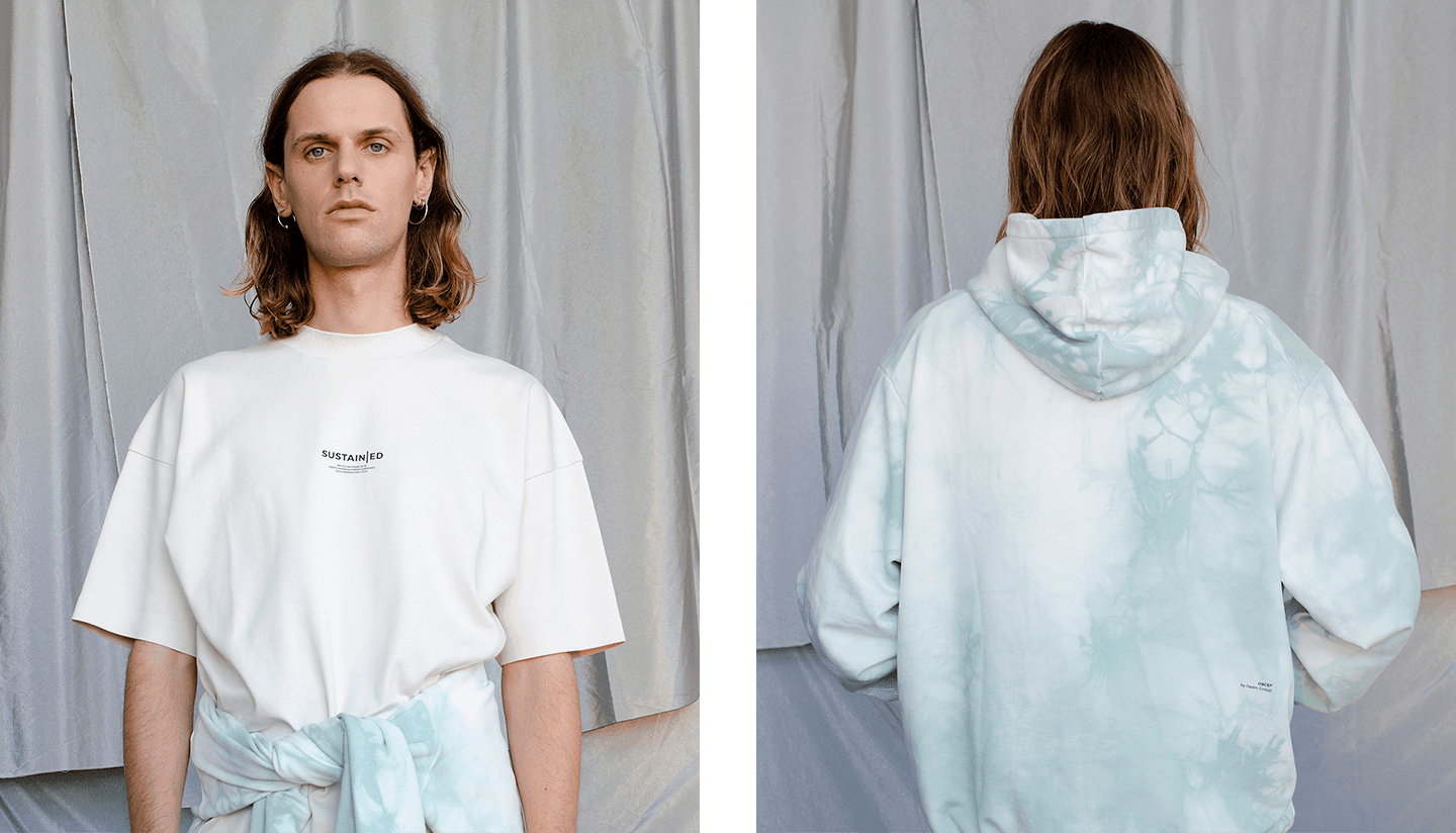 Copenhagen Projekt sustainable menswear, oversized recycled cotton t-shirt and mint tie-dye hoodie, circular fashion collection
