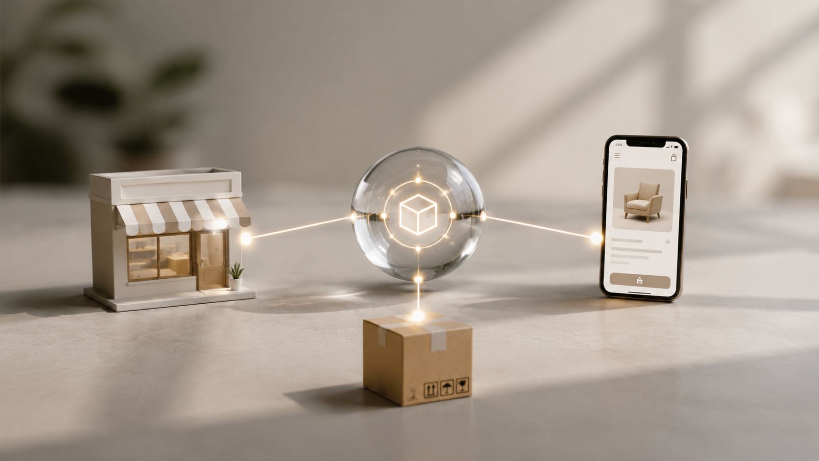 A 3D concept showing a store, a crystal orb, a shipping box, and a smartphone app.