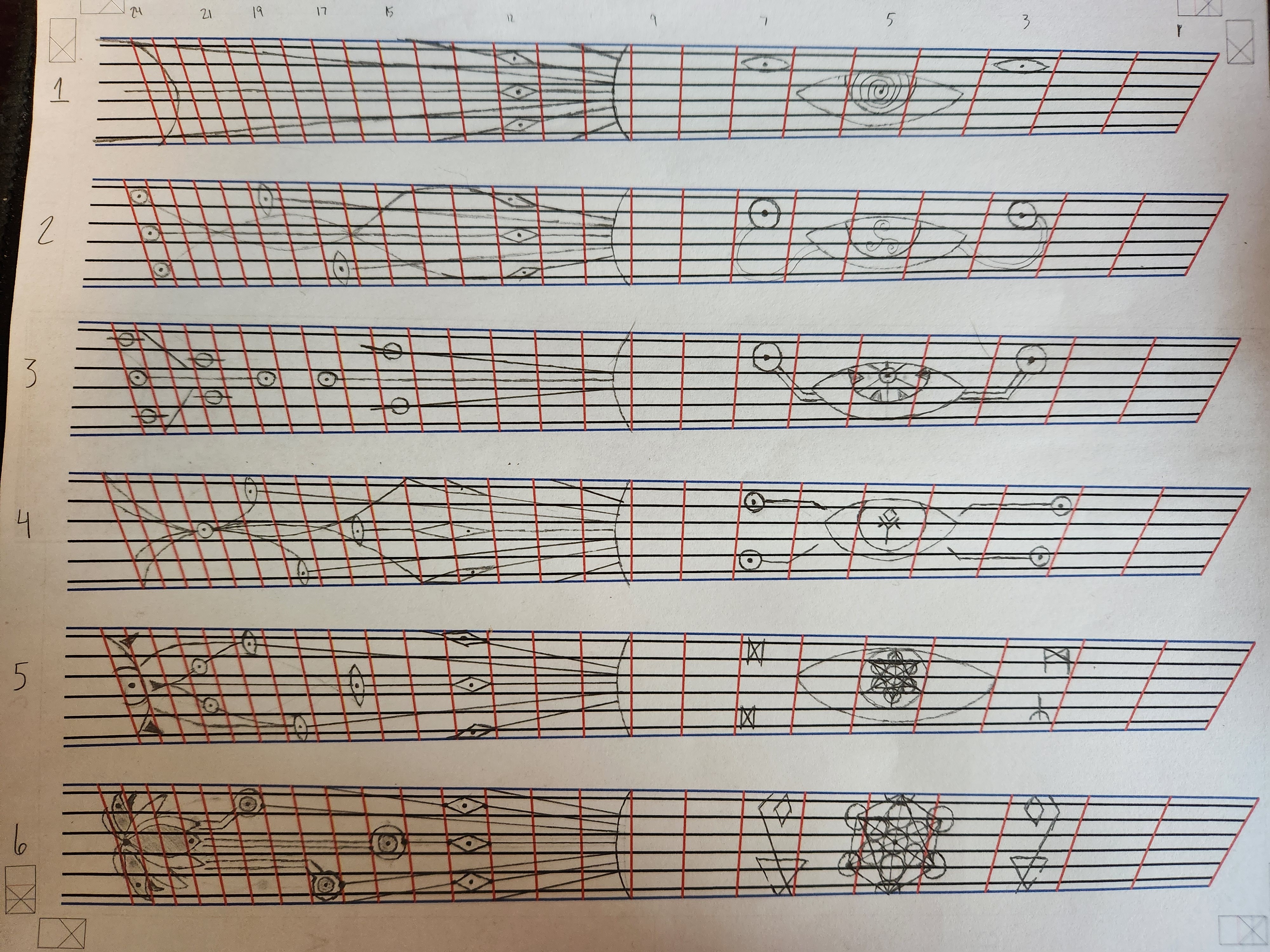 Early fretboard inlay concept sketches for Genesis custom multiscale guitar exploring layout and theme ideas before collaborating with tattoo artist Kristyn Borglum