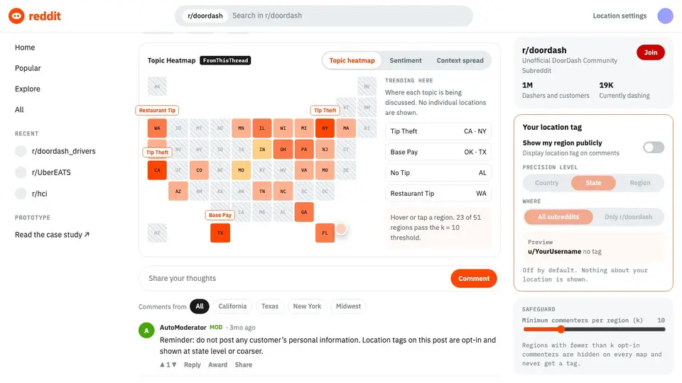 Raising the k threshold hides regions with too few commenters