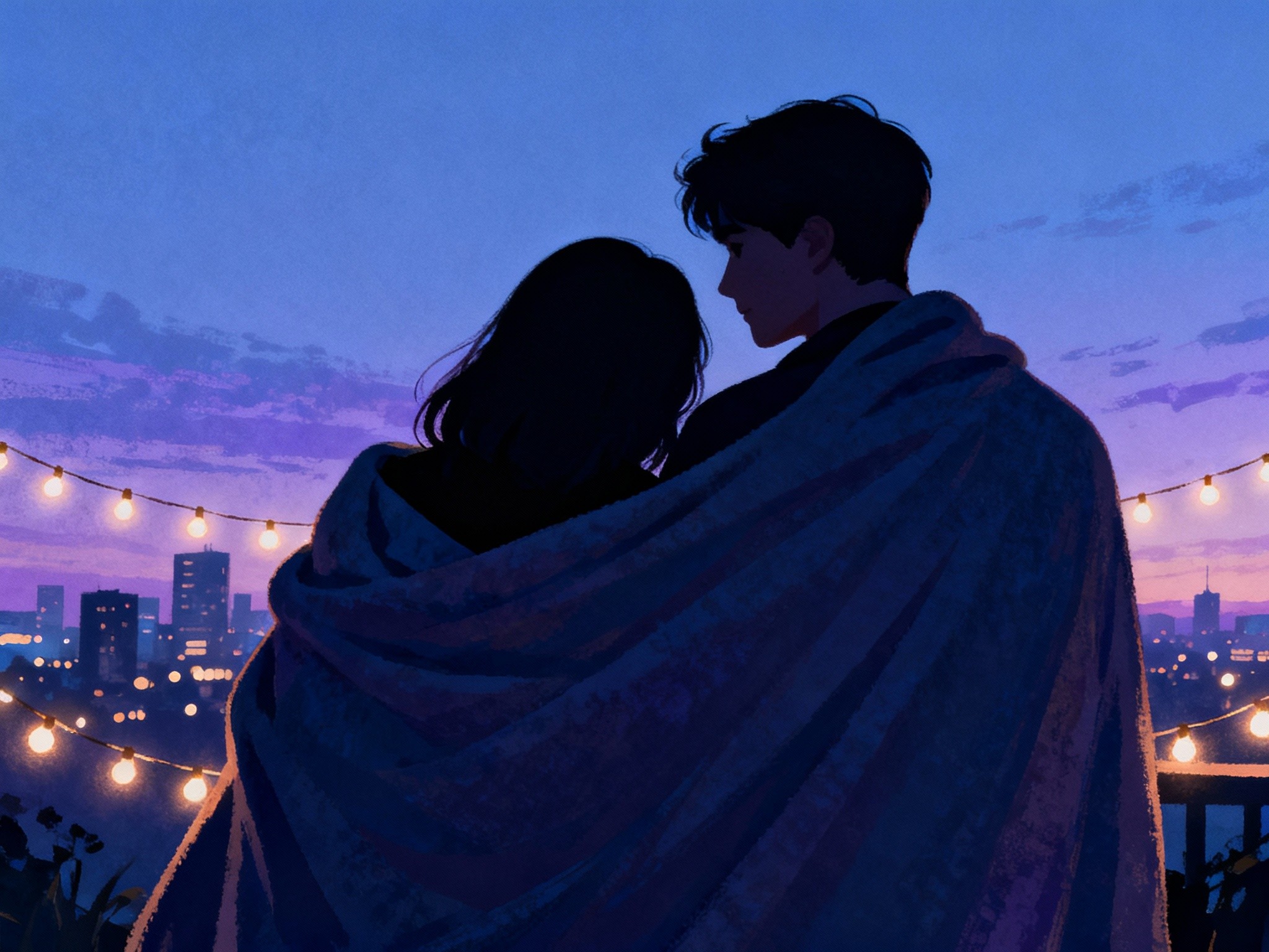An early evening urban rooftop setting at twilight in a wide landscape shot, focusing on two people