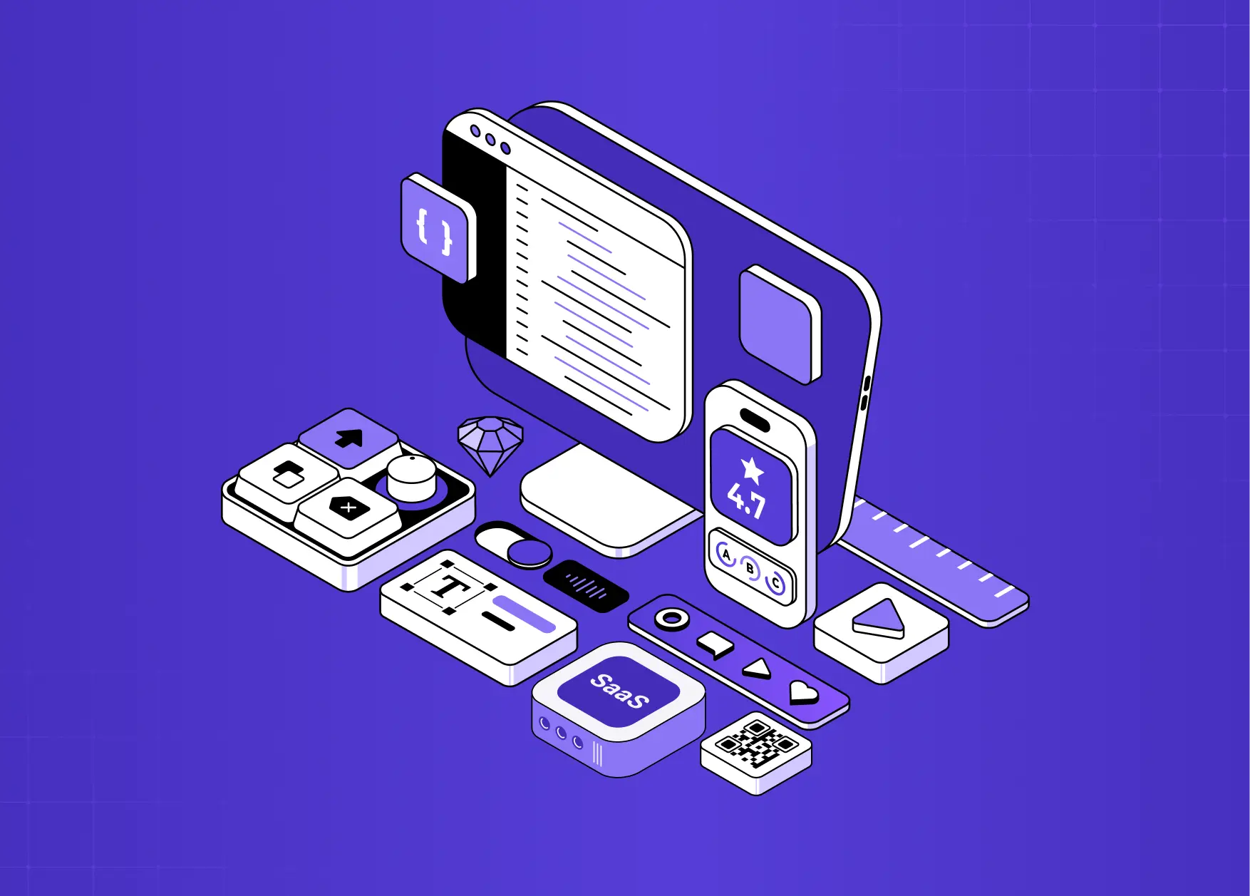 Isometric SaaS-themed illustration featuring floating UI components, mobile screens, controls, and interface elements arranged in a futuristic composition.