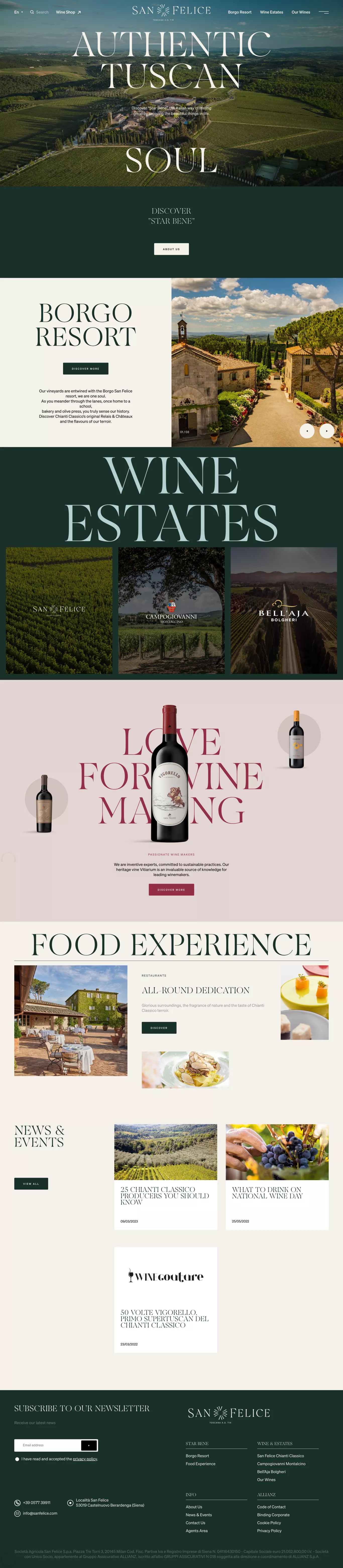 San Felice: the historic Tuscan vineyard landing page screenshot showcasing Travel and Food & Drinks design