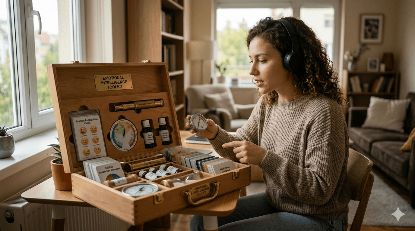 A woman wearing headphones examines an 'Emotional Intelligence Toolkit' for trustedcommitment.com, featuring physical tools like emotion recognition cards and a compass alongside the 'Applied Emotion Navigator' guidebook