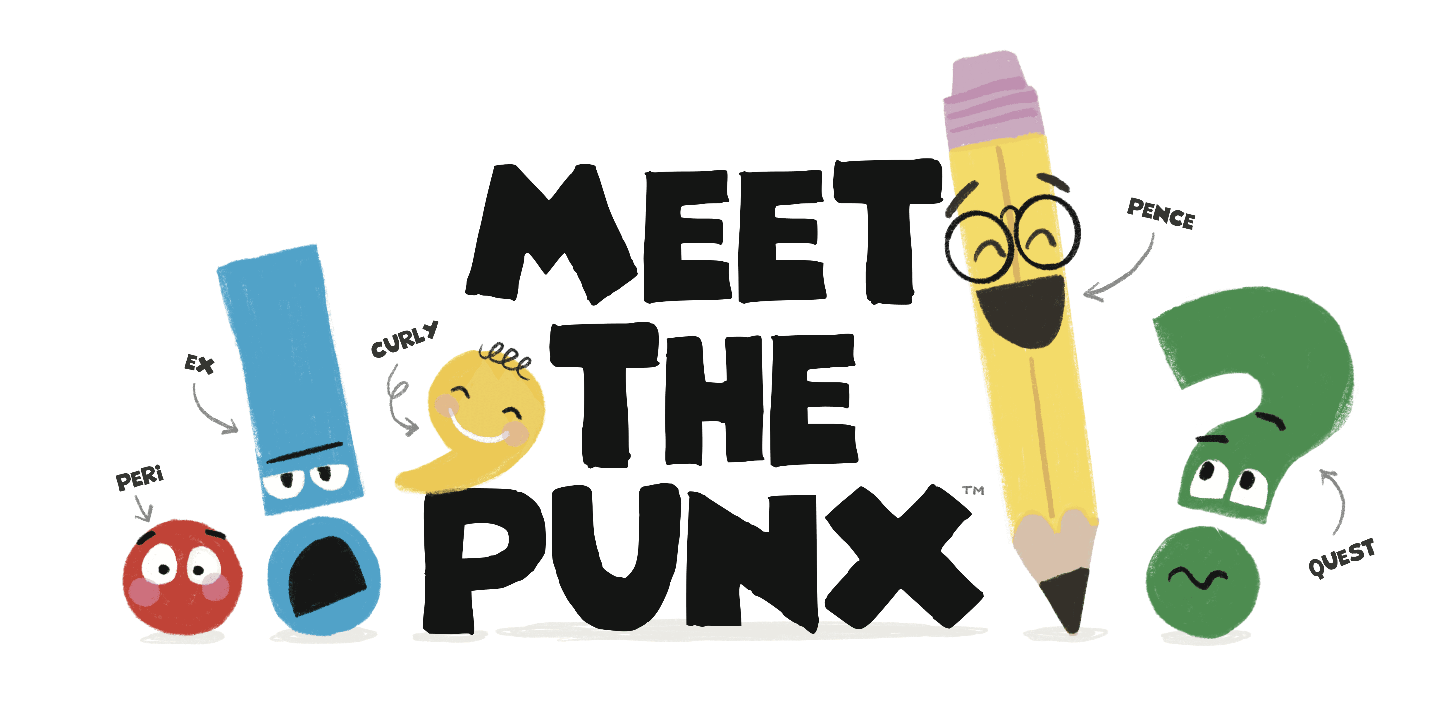 Illustrated colorful characters called PUNX representing the punctuation marks period, exclamation mark, comma, and question mark as well as an illustrated pencil character all standing around the wordmark MEET THE PUNX in all caps.