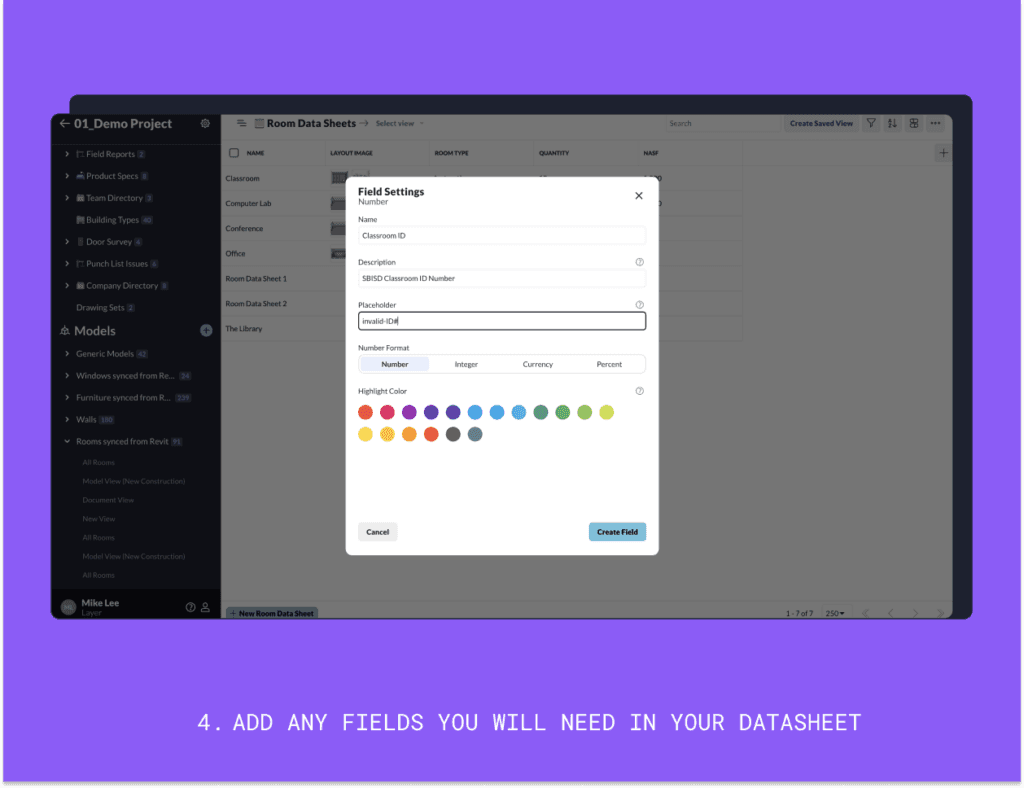 add fields to room data sheets