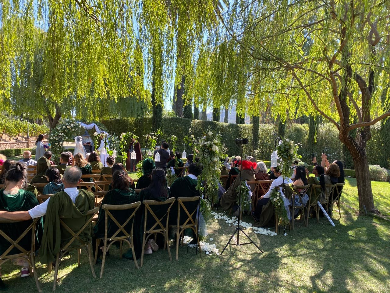 Guests enjoying an elegant outdoor catered celebration at sunset