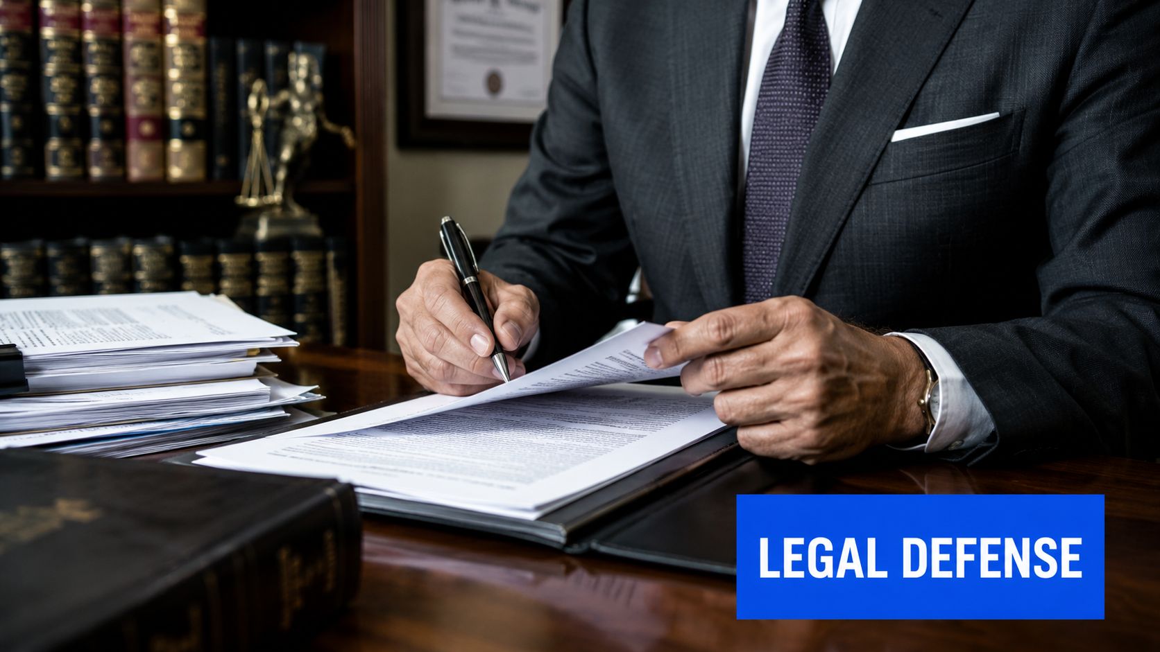 A professional attorney sitting at a wooden desk signing legal documents in a law firm office.