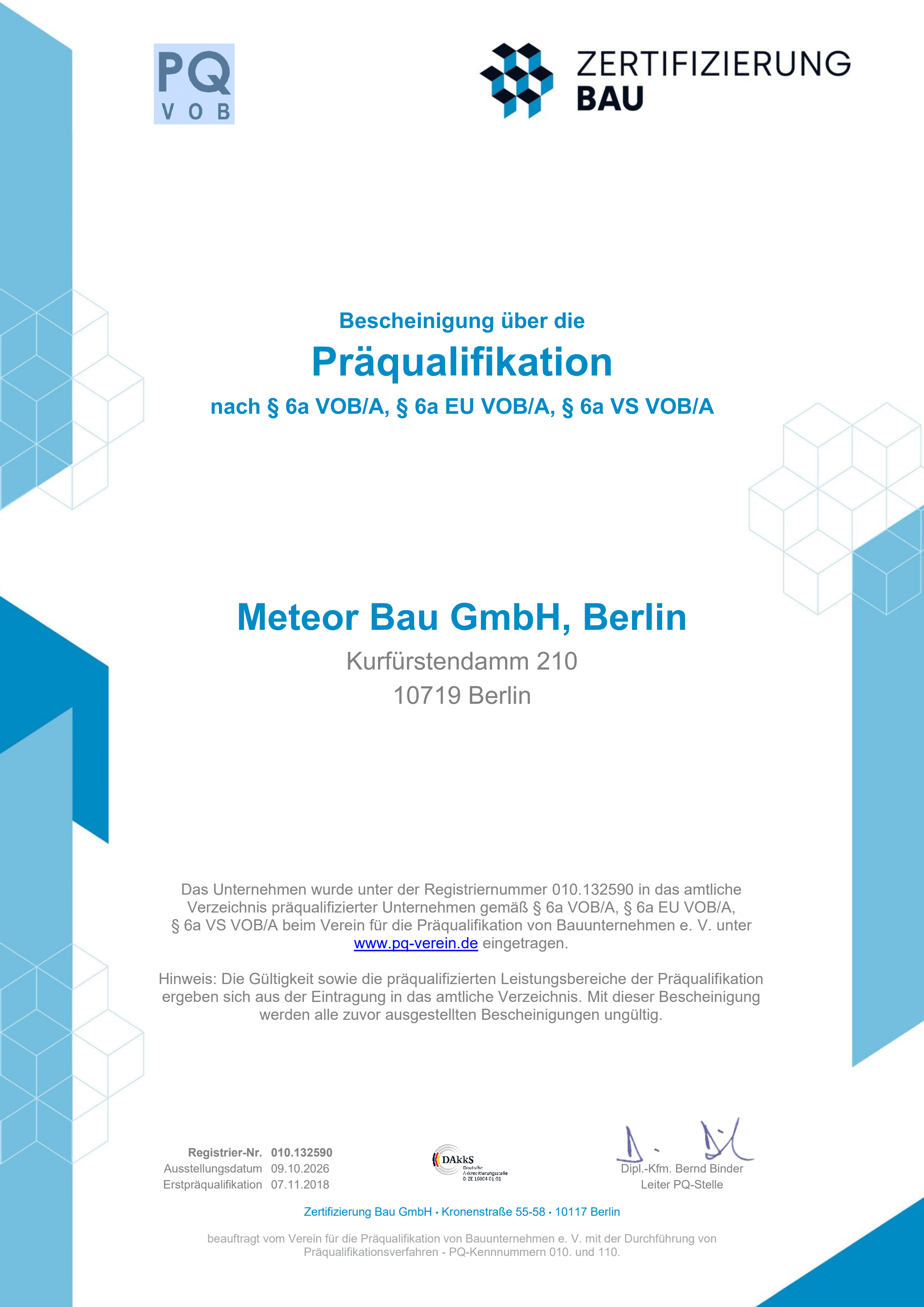 PQ-Präqualifikationsbescheinigung von Meteor Bau