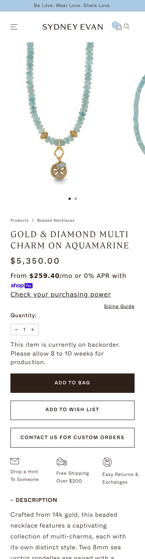 Jewelry product options include: necklace, pendant for Gold & Diamond Multi Charm on Aquamarine from Sydney Evan.