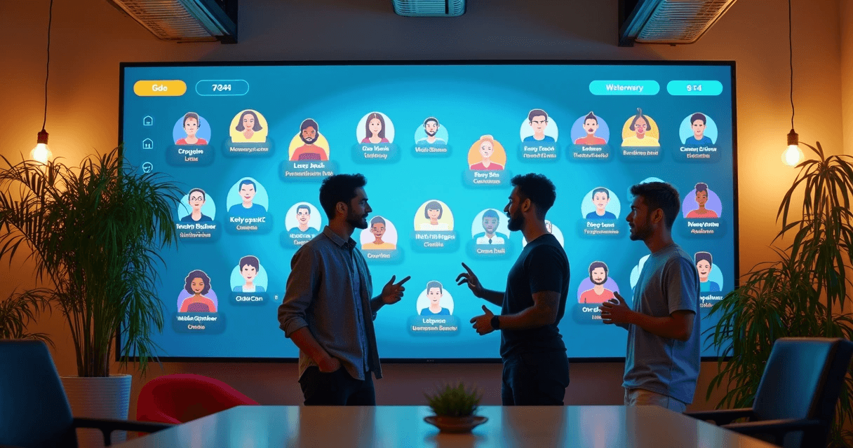 Interface gamificada com ranking e badges digitais no escritório