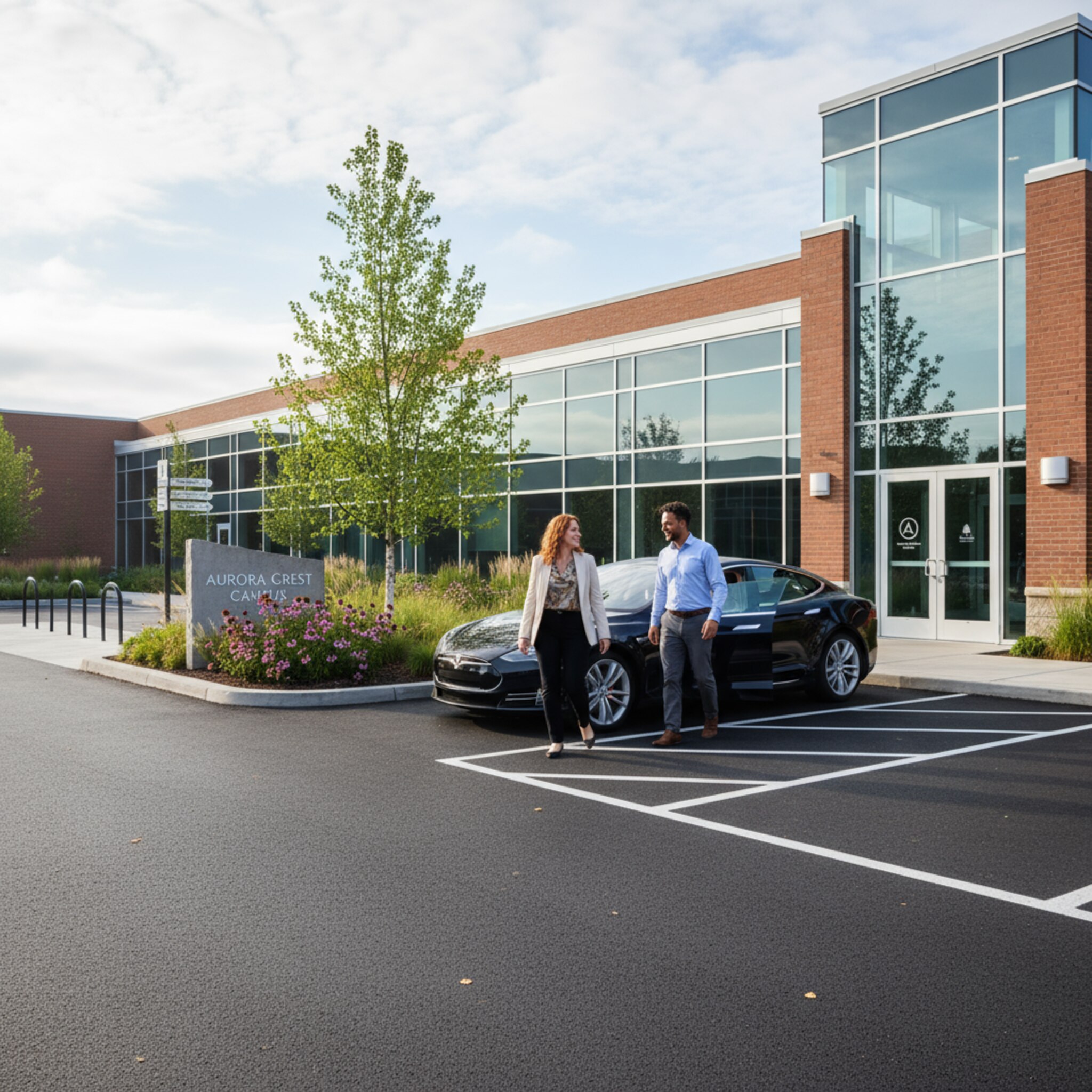 Ein klar beschilderter Firmenhof am Morgen, weiches Licht auf frisch markierten Stellflächen. Ein Besucherfahrzeug rollt langsam ein und kommt an einer dezenten Begrünung zum Stehen. Zwei Personen steigen aus, lächeln und gehen zielstrebig Richtung Haupteingang. Die Atmosphäre wirkt geordnet und einladend.