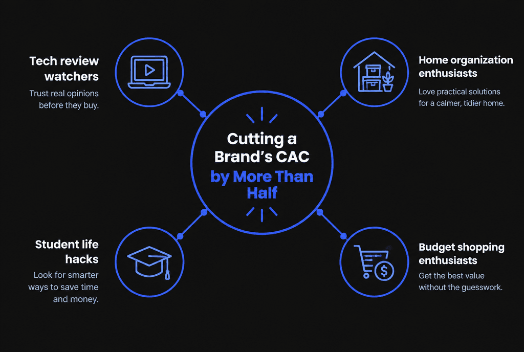 Infographic of TikTok content clusters: tech review watchers, home organization enthusiasts, student life hacks and budget shopping enthusiasts