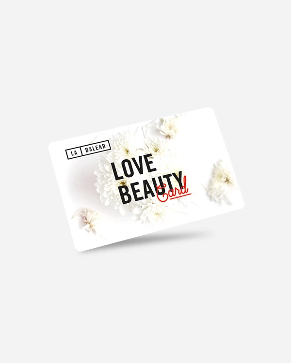 La Balear Love Beauty gift card with white flowers, brand identity design by Sebastian Saavedra
