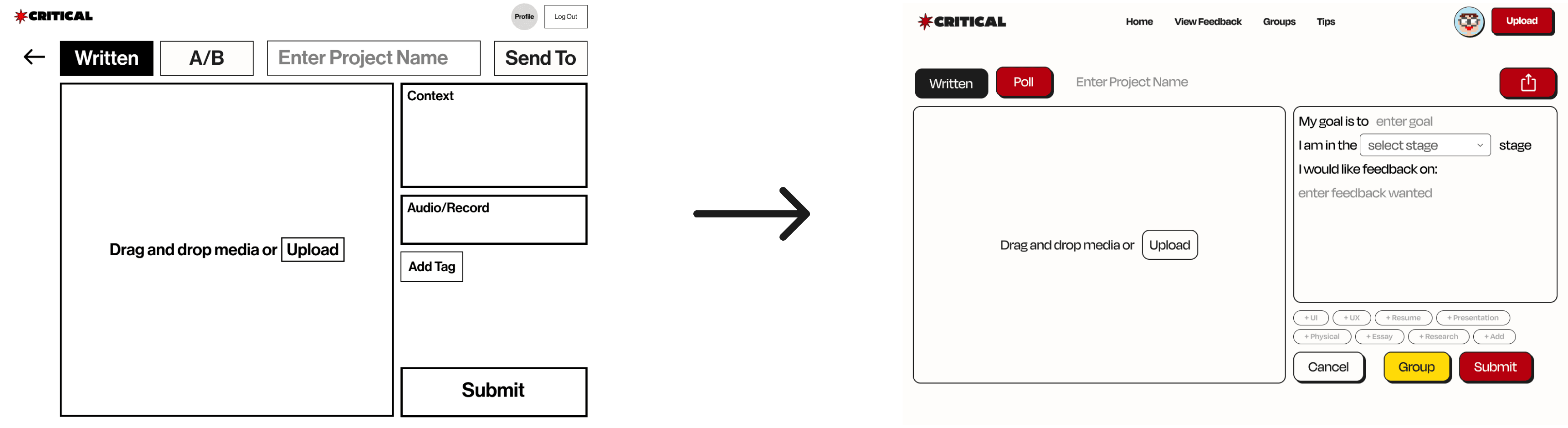Before and after of our upload project screen, with the improved version having a revised top navigation bar.