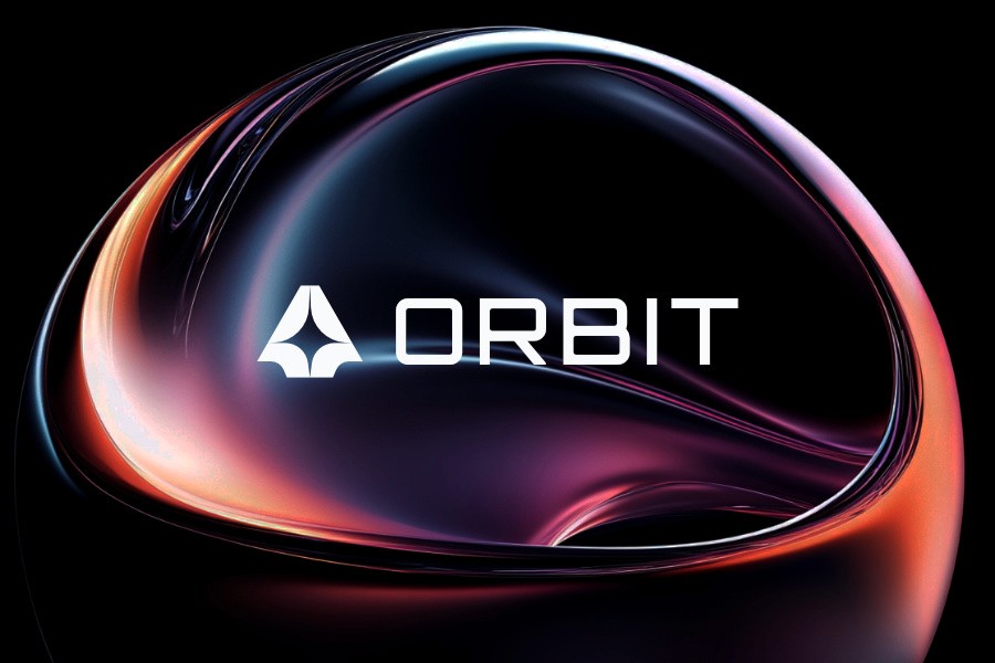 Fictional Orbit brand logo over abstract fluid organic shape on black background