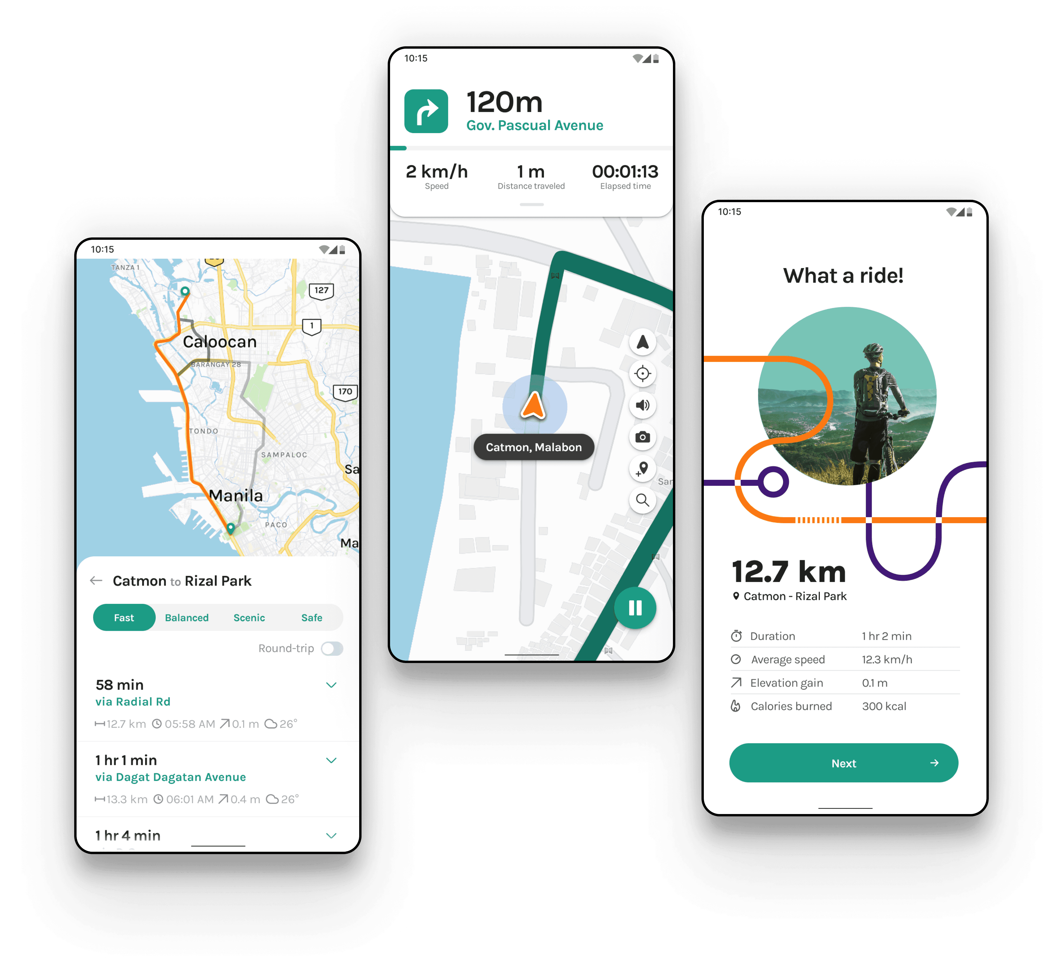 Three mobile screens show a cycling app with route planning, live turn-by-turn navigation, and a completed ride summary with distance, speed, and calories.