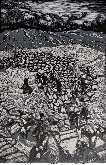 herd of sheep on road painting