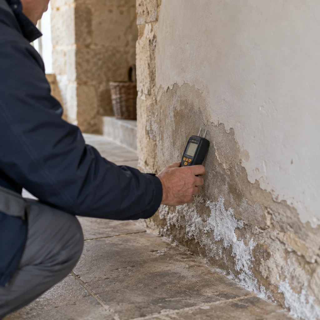 Expert bâtiment mesurant l’humidité du bas d’un mur taché de salpêtre