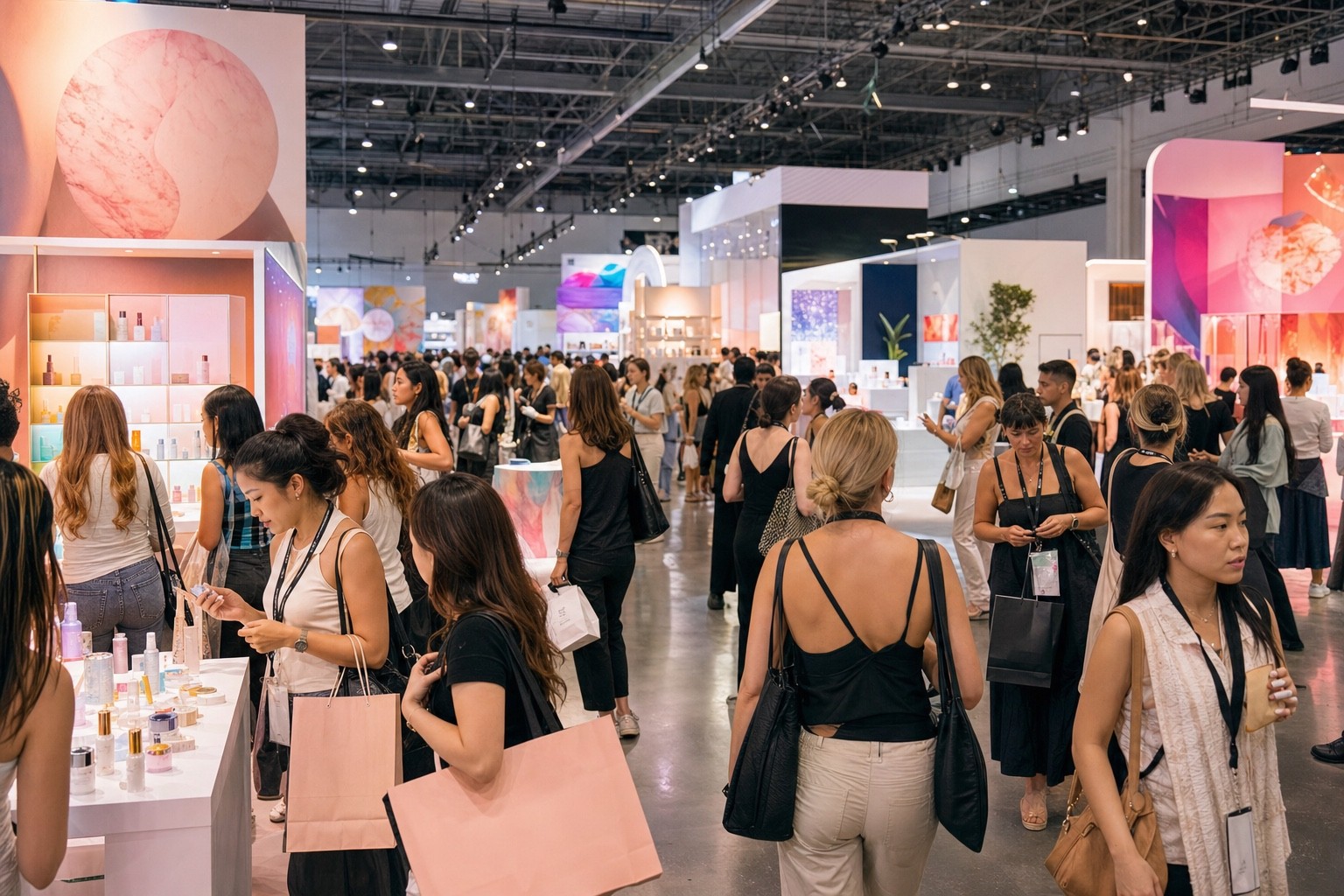Crowded K-beauty trade festival floor at a convention center