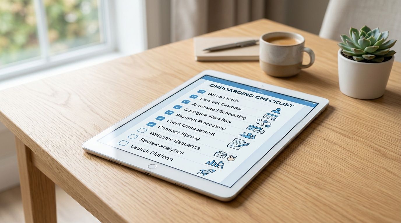 A tablet on a wooden desk displaying an onboarding checklist with various business task icons.