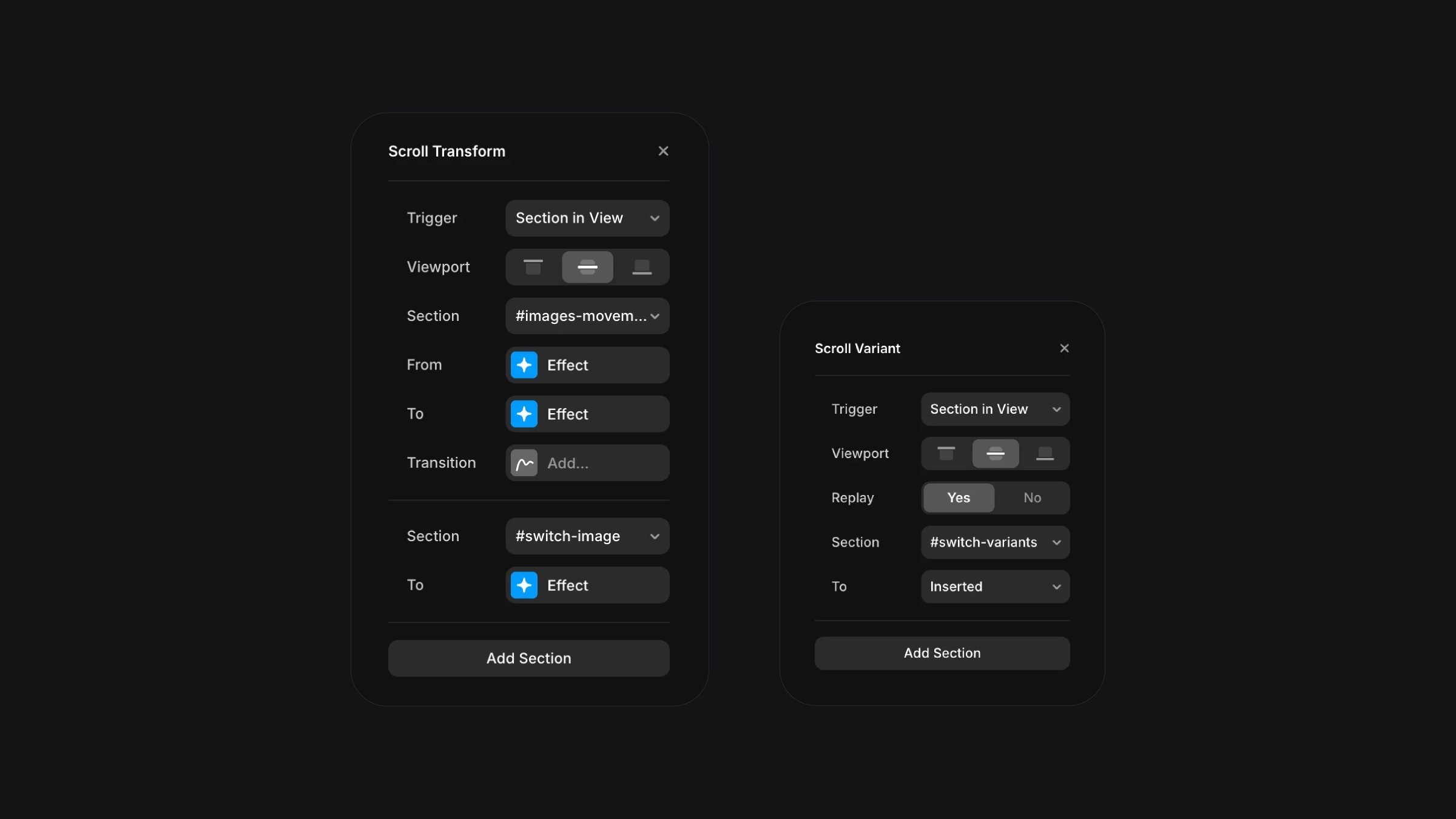 User interface for setting scroll transformations in a web design tool, showing two panels with options to customize triggers, sections, effects, and transitions for webpage elements